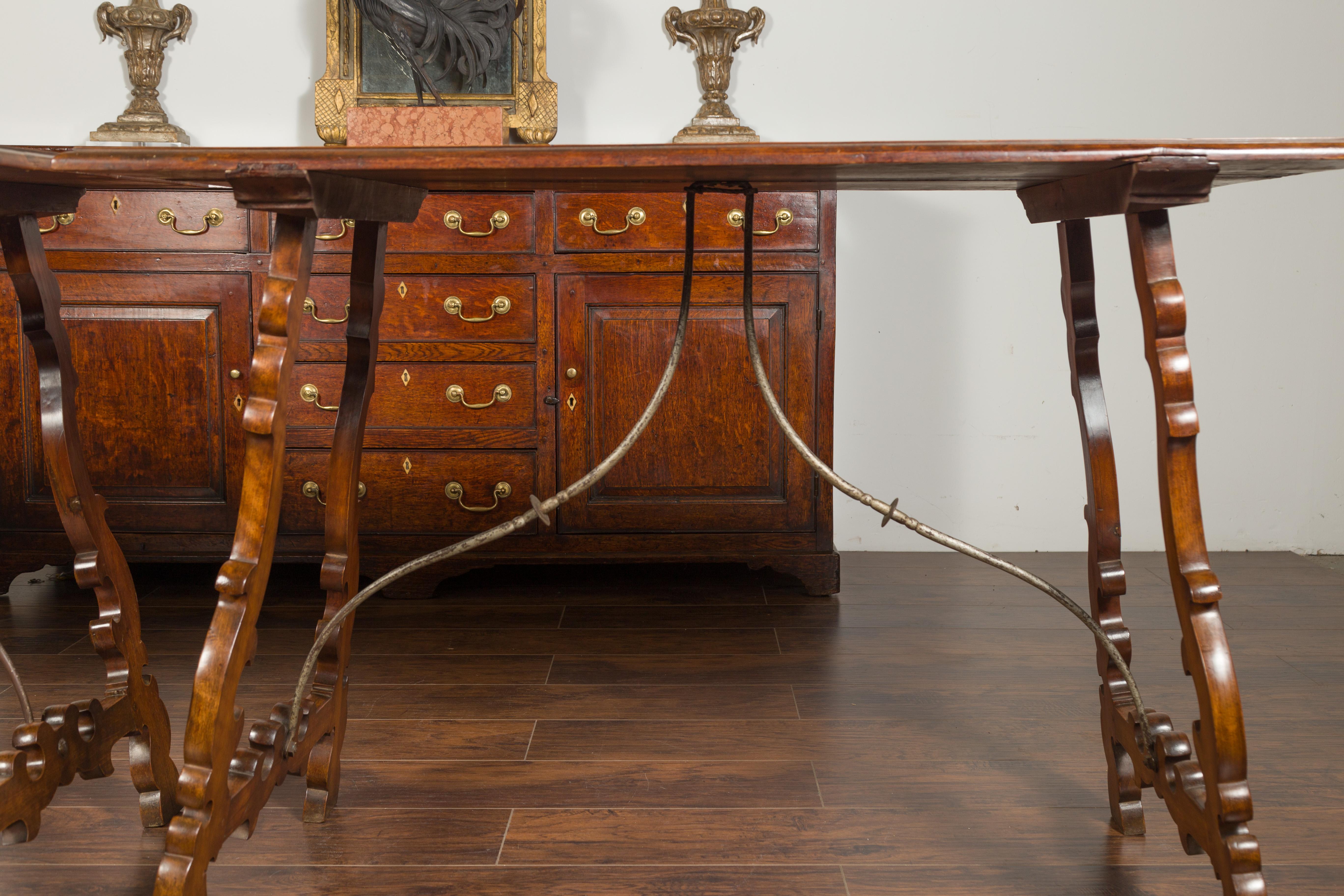 Pair of Spanish Baroque Style 1880s Walnut Console Tables with Iron Stretchers For Sale 4