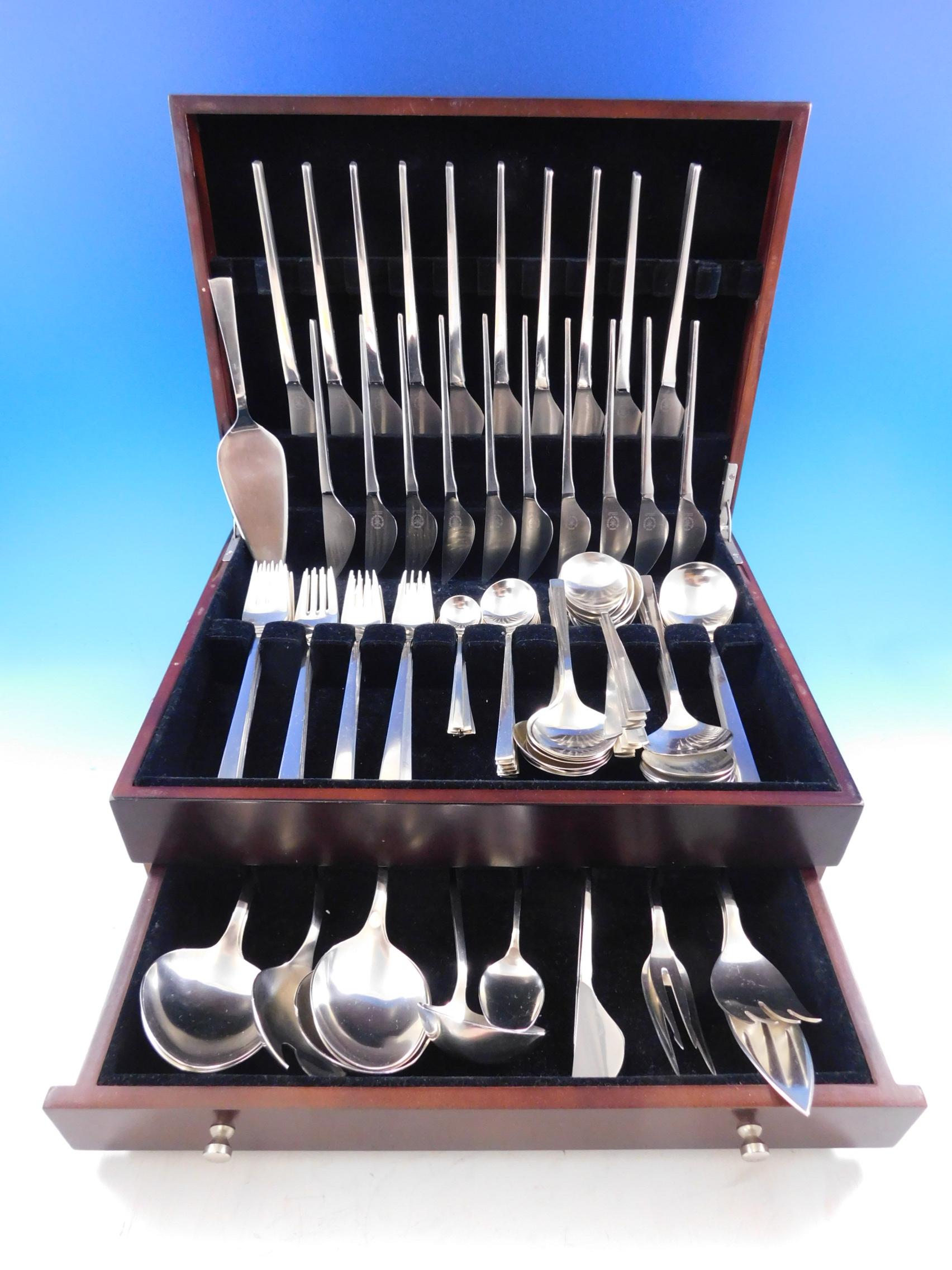 Exceedingly rare Mid-Century Modern 102 piece set of sterling silver flatware designed by Alexander Schaffner (Germany) in the innovative Number 89 by Carl Hugo Pott. This superb set includes:

10 dinner knives, 8 1/2