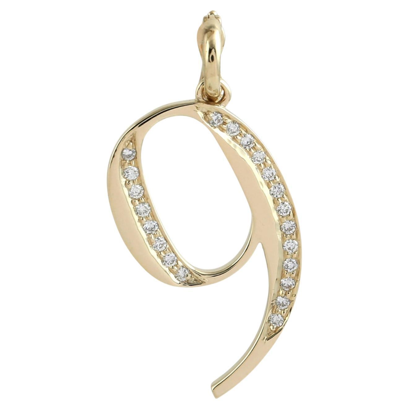 Number 9 Pave Diamond Pendant Made In 14K Yellow Gold