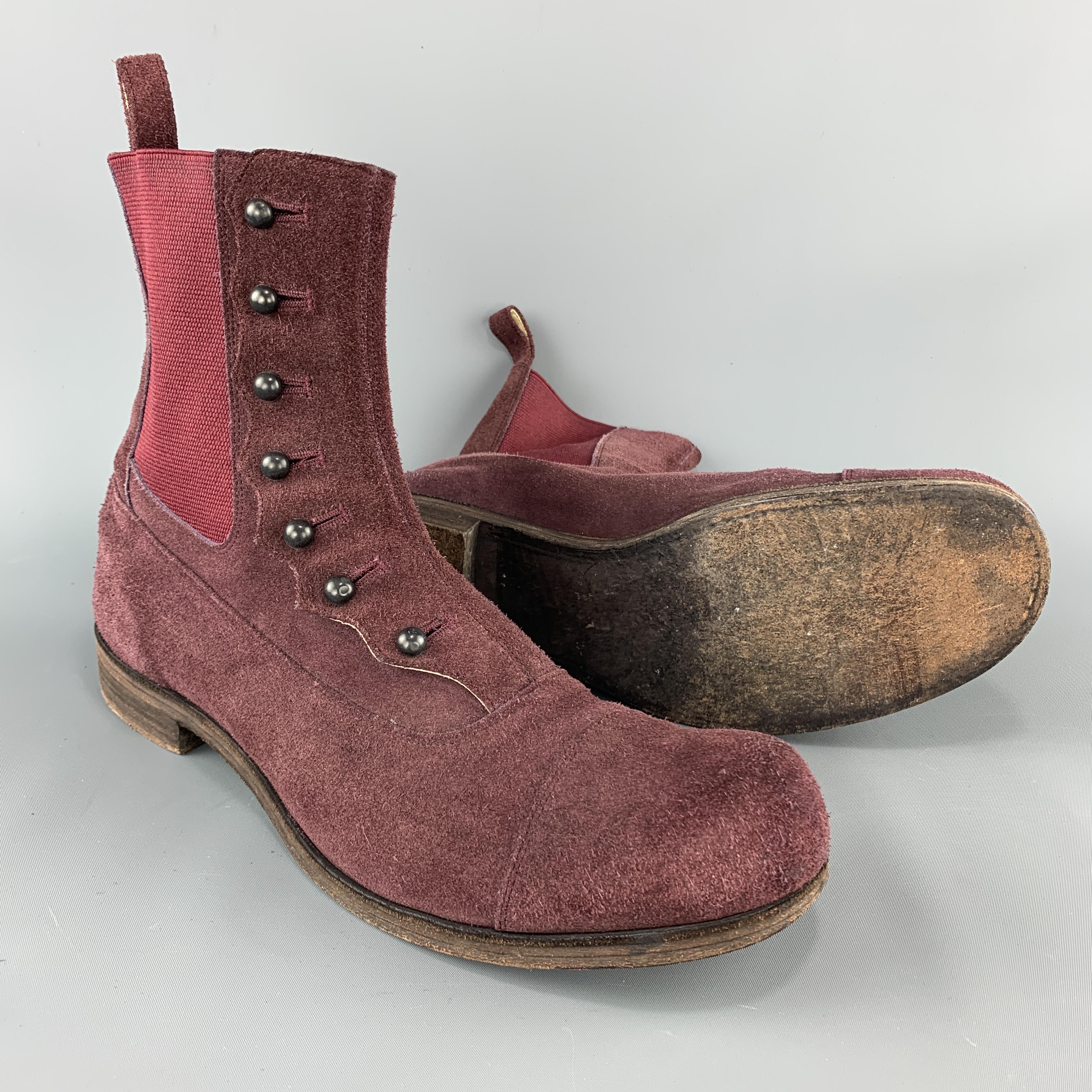 NUMBER (N)INE by TAKAHIRO MIYASHITA boots come in purple suede with a cap toe, stretch side panels, and buttoned up side. 

Very Good Pre-Owned Condition.
Marked: UK 10

Outsole: 12.5 x 4.25 in.
Length: 7.5 in.