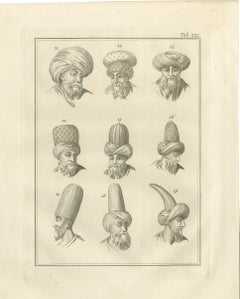Numbered Study of Eastern Turbans and Caps, Antique Print, 1776