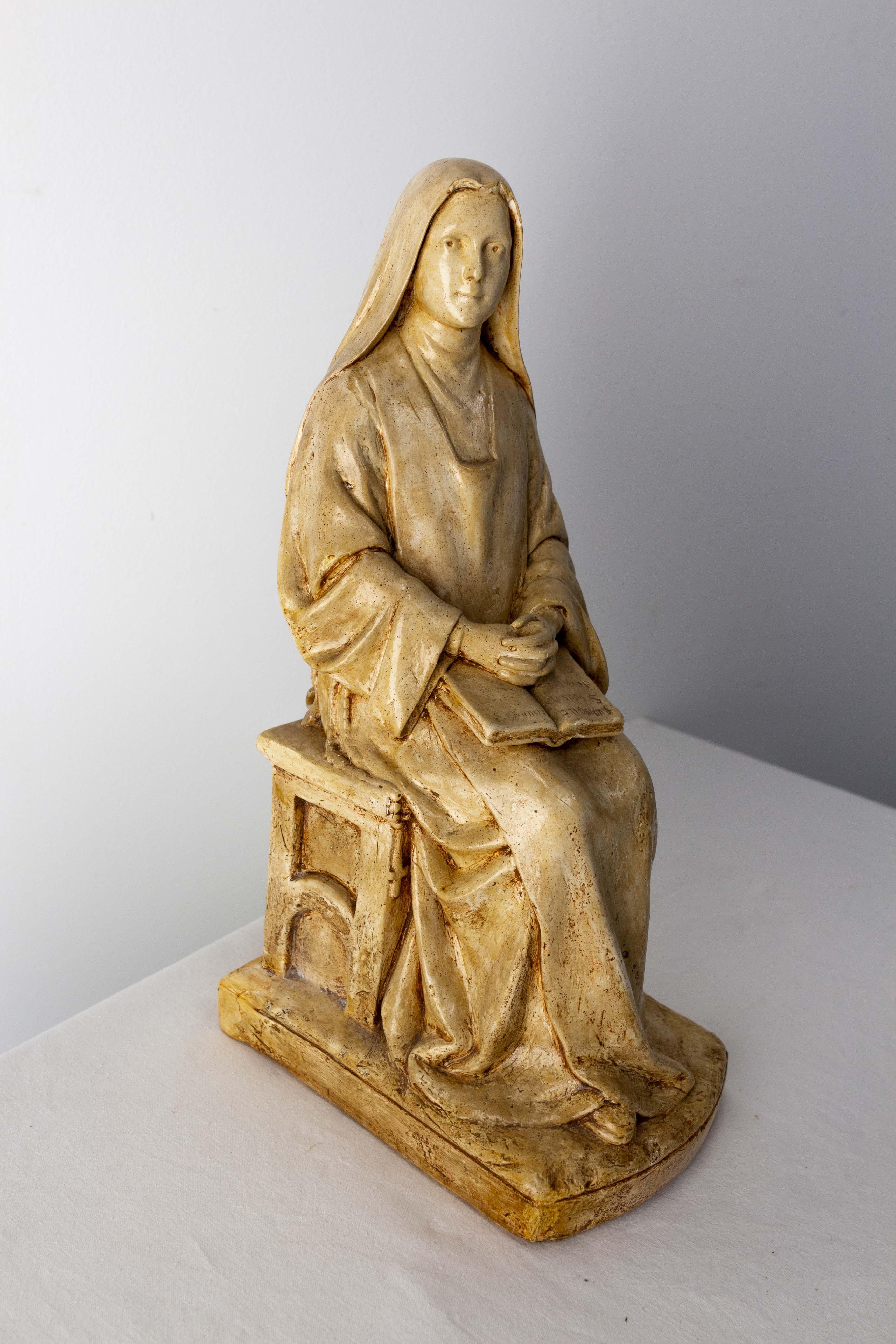 Nun Reading Gospels Patinated Plaster Statue French, Late 19th Century In Good Condition For Sale In Labrit, Landes