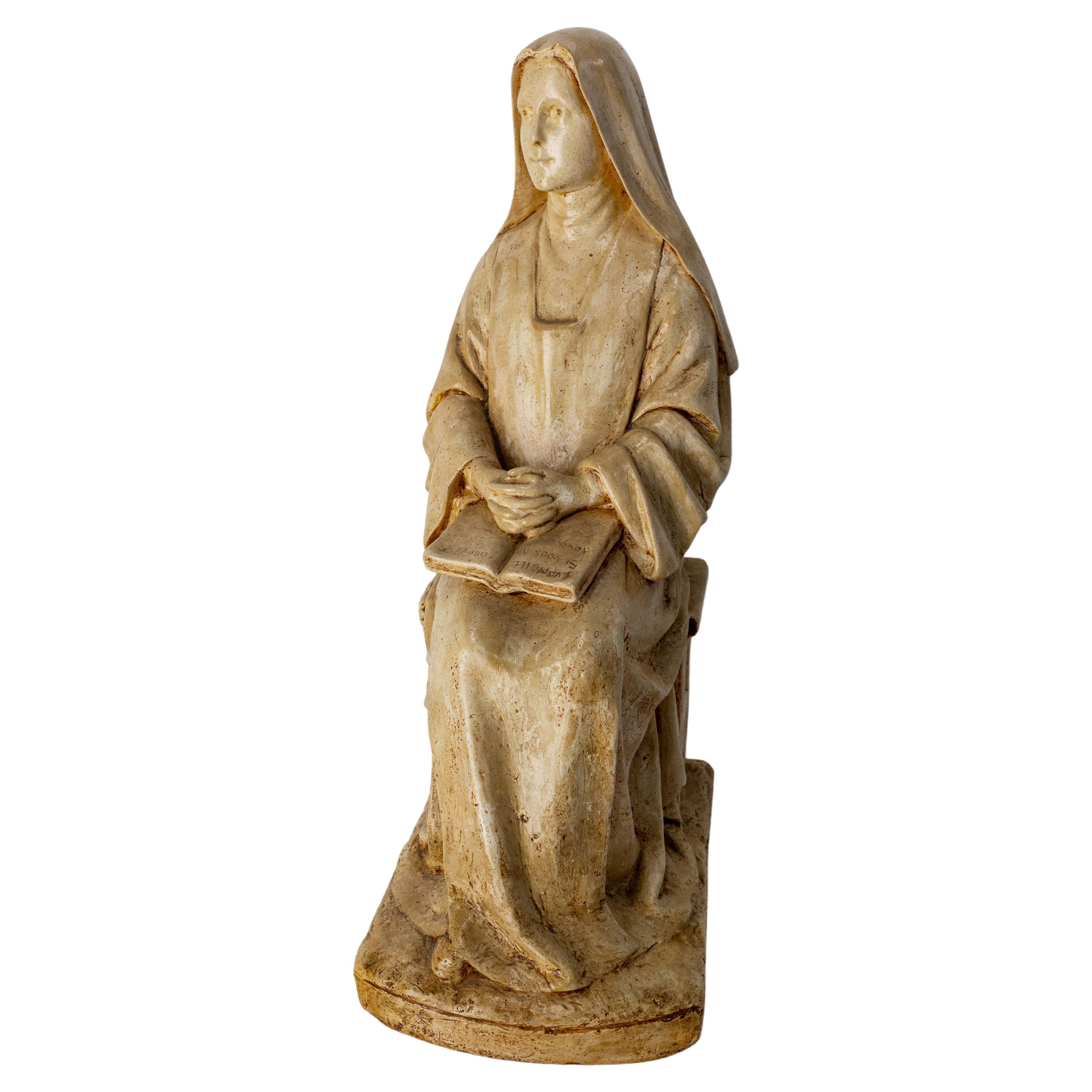 Nun Reading Gospels Patinated Plaster Statue French, Late 19th Century For Sale