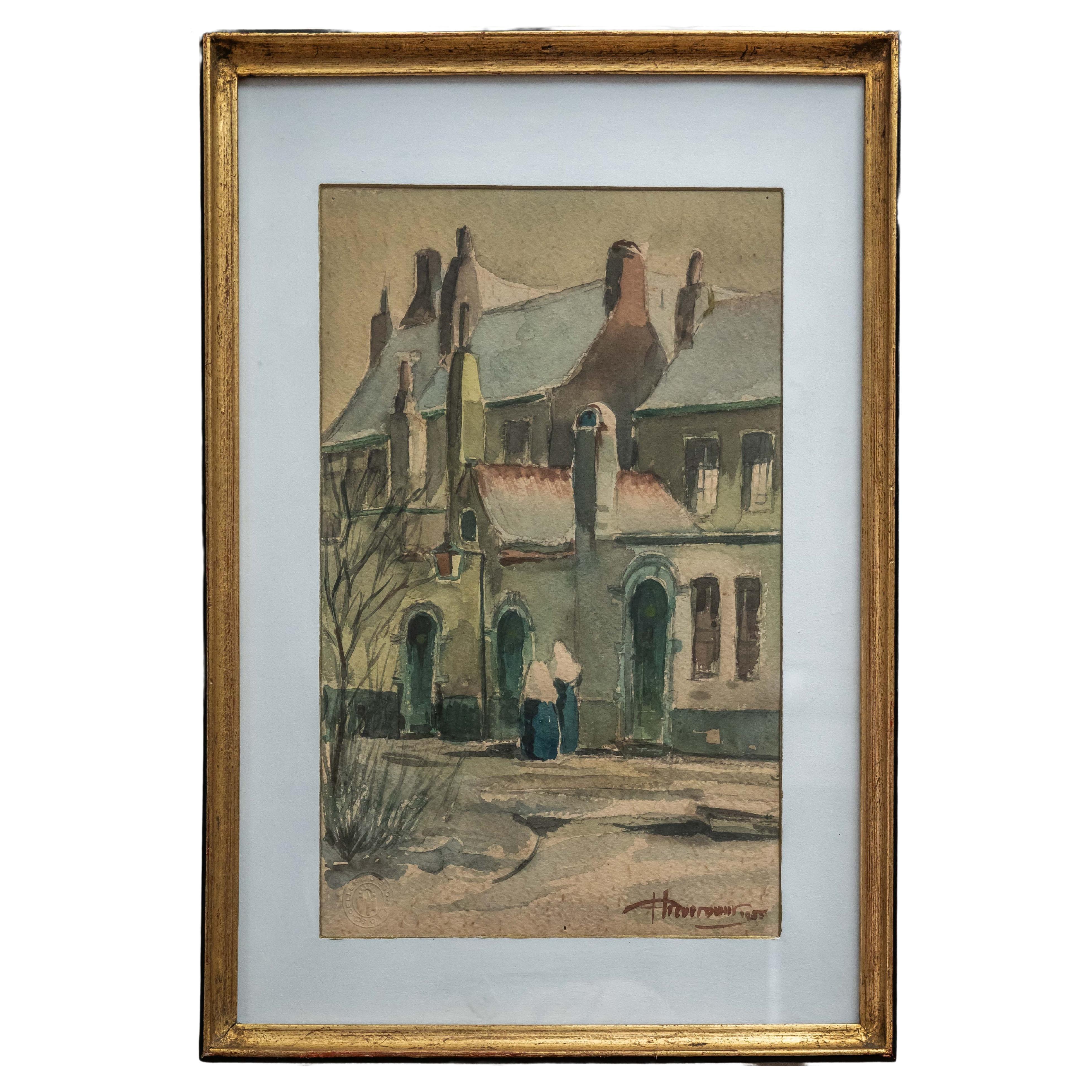Nuns in front of the monastery watercolor 49 X 36 cm For Sale