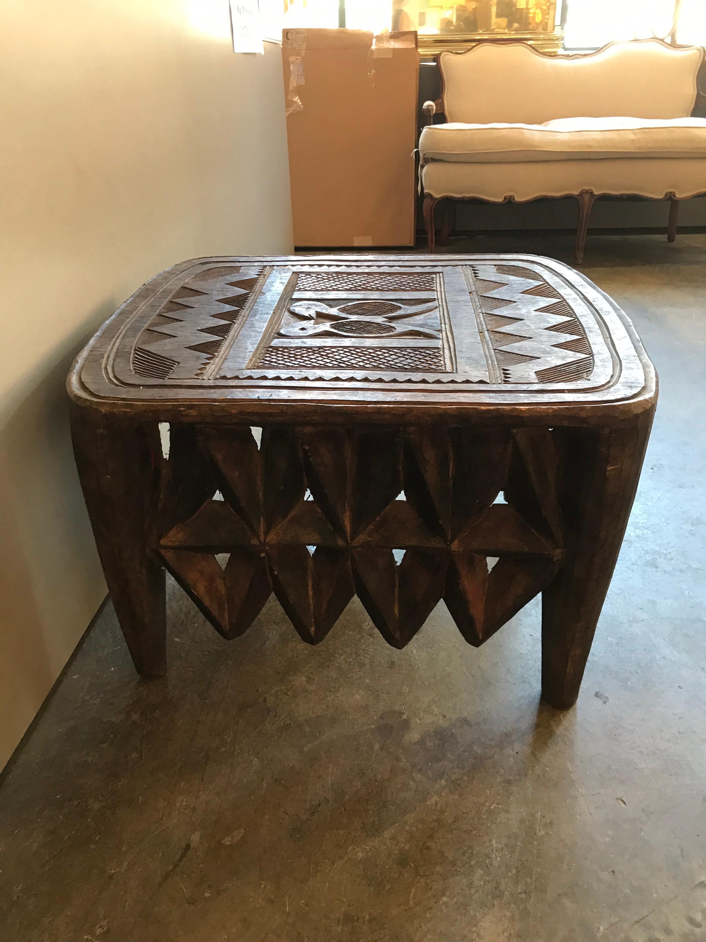 This is a vintage tribal Nupe stool hand carved from a solid piece of wood.
These traditional stools are crafted by the people of Nigeria
Could be used as a bench or small coffee table. Great geometric design!
