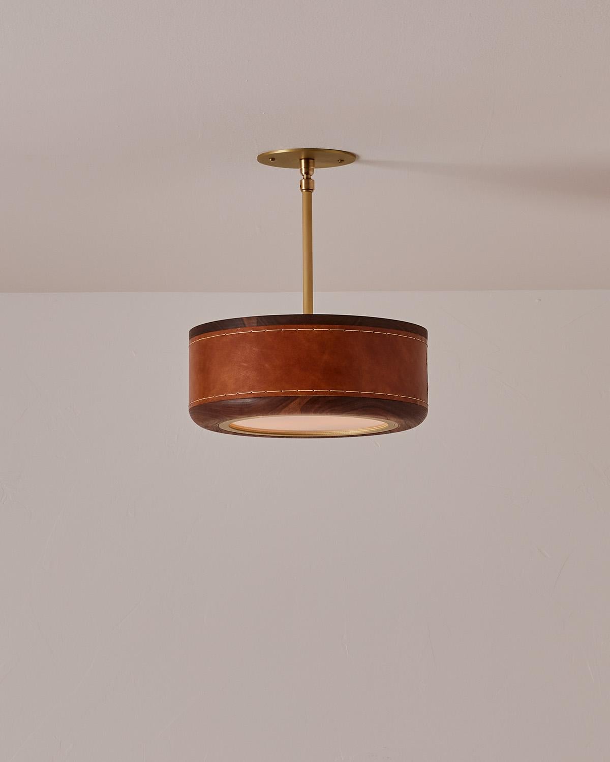 The Nura Ceiling Fixture combines hand-stitched leather over walnut accented by a brass pole and canopy. This fixture can either be hung as a ceiling surface mount or a pendant supported by a brass pole.

OVERALL DIMENSIONS
Shade: 12