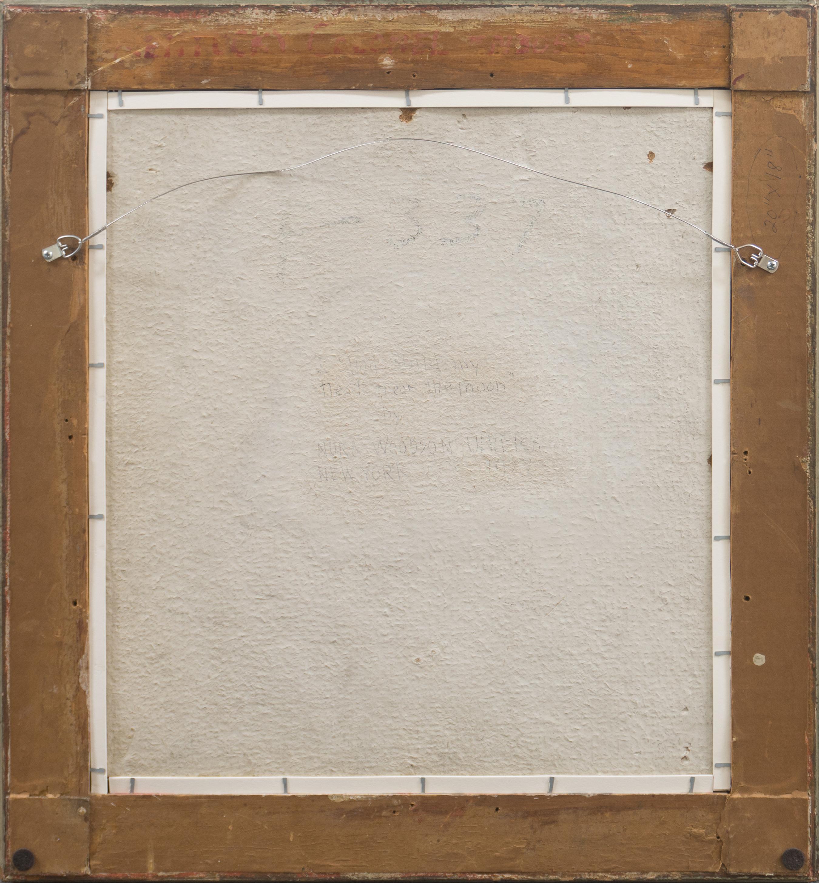 Signed lower right 'Nura' for Nura Woodson Ulreich (American, 1899–1950). Additionally signed, verso, inscribed 'New York 1927' and titled, 'I shall build my nest near the moon'.
Framed dimensions: 25.5 x 23.5 x 1.5 inches. 

This early