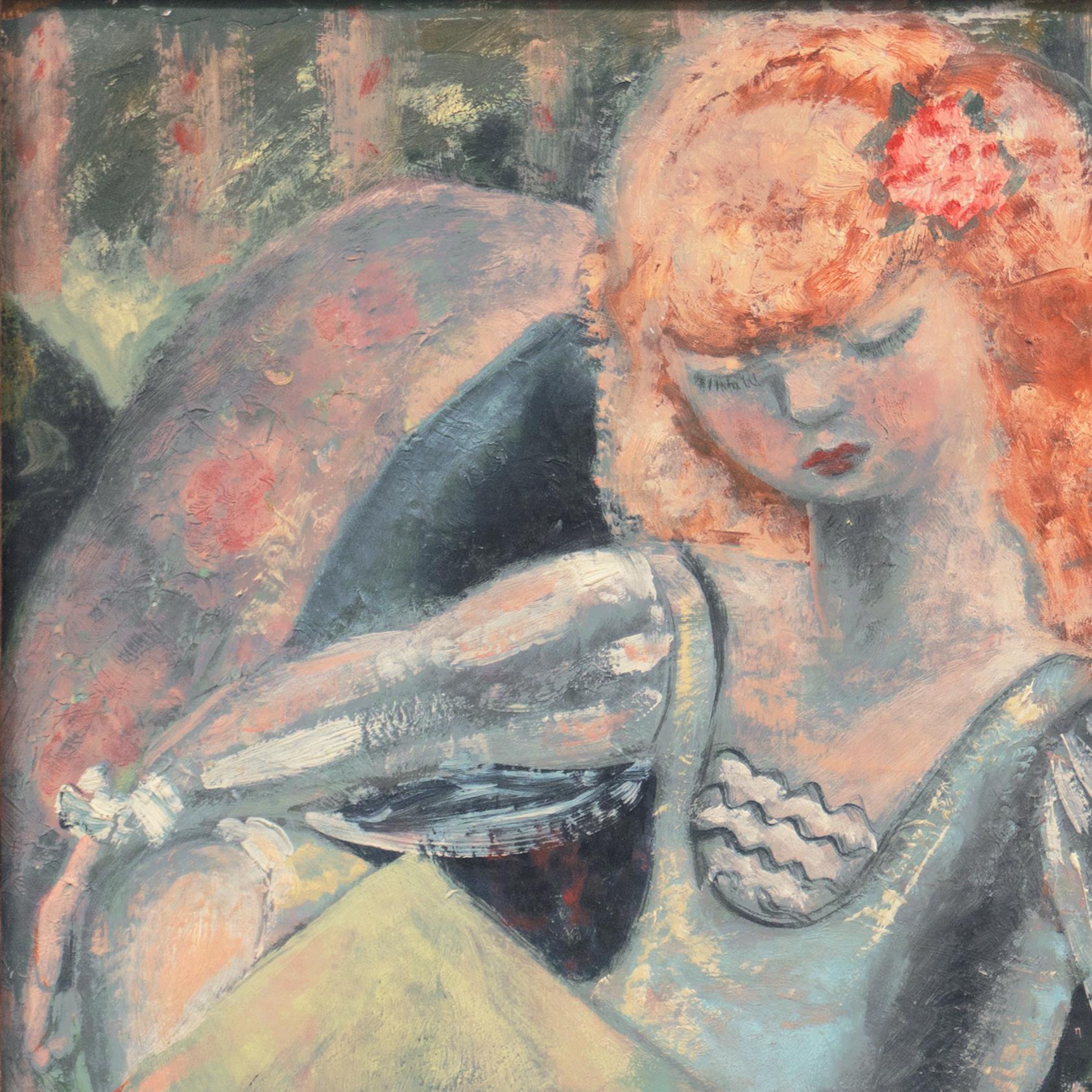 Signed lower left 'Nura' for Nura Woodson Ulreich (American, 1899–1950). Additionally signed, verso, dated March 1928 with artist's New York City address and titled, 'When Guest Stay'. 
Framed dimensions: 24 x 20 x 1.5 inches. 

This early