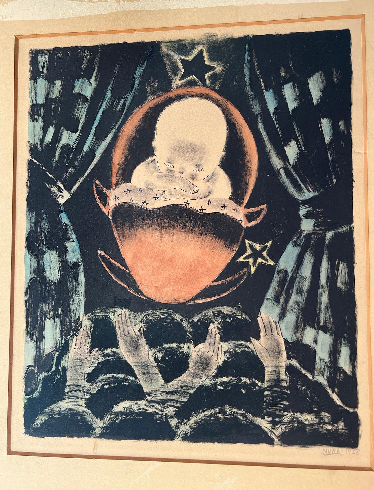 Art Deco - Surreal  Baby Among the Stars in a Theater - Surrealist Print by Nura Ulreich