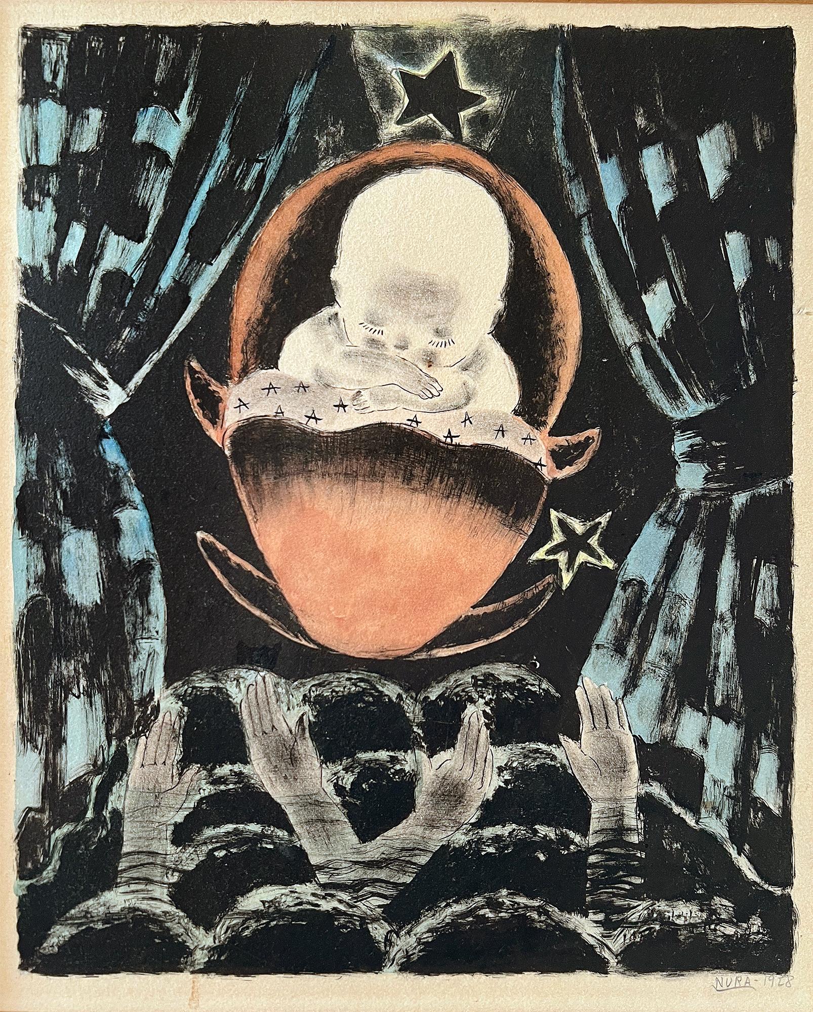 Nura Ulreich Figurative Print - Art Deco - Surreal  Baby Among the Stars in a Theater