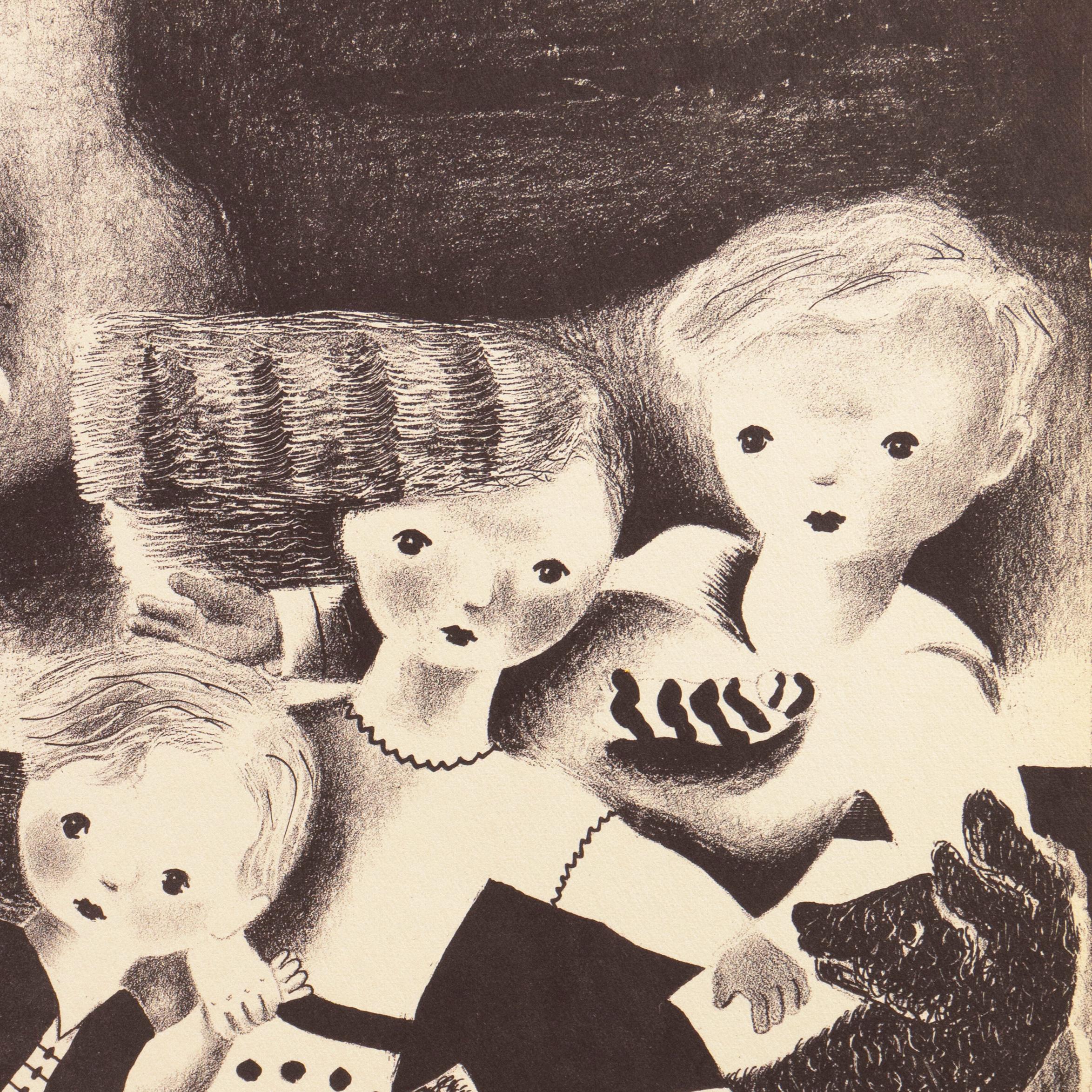 A stone lithograph titled 'Bert, Bob and Betsy' by Nura Woodson Ulreich (American, 1899-1950), created in 1943 and with certification of authenticity stamped verso. Accompanied by the artist's poem.

This notable woman painter, illustrator,