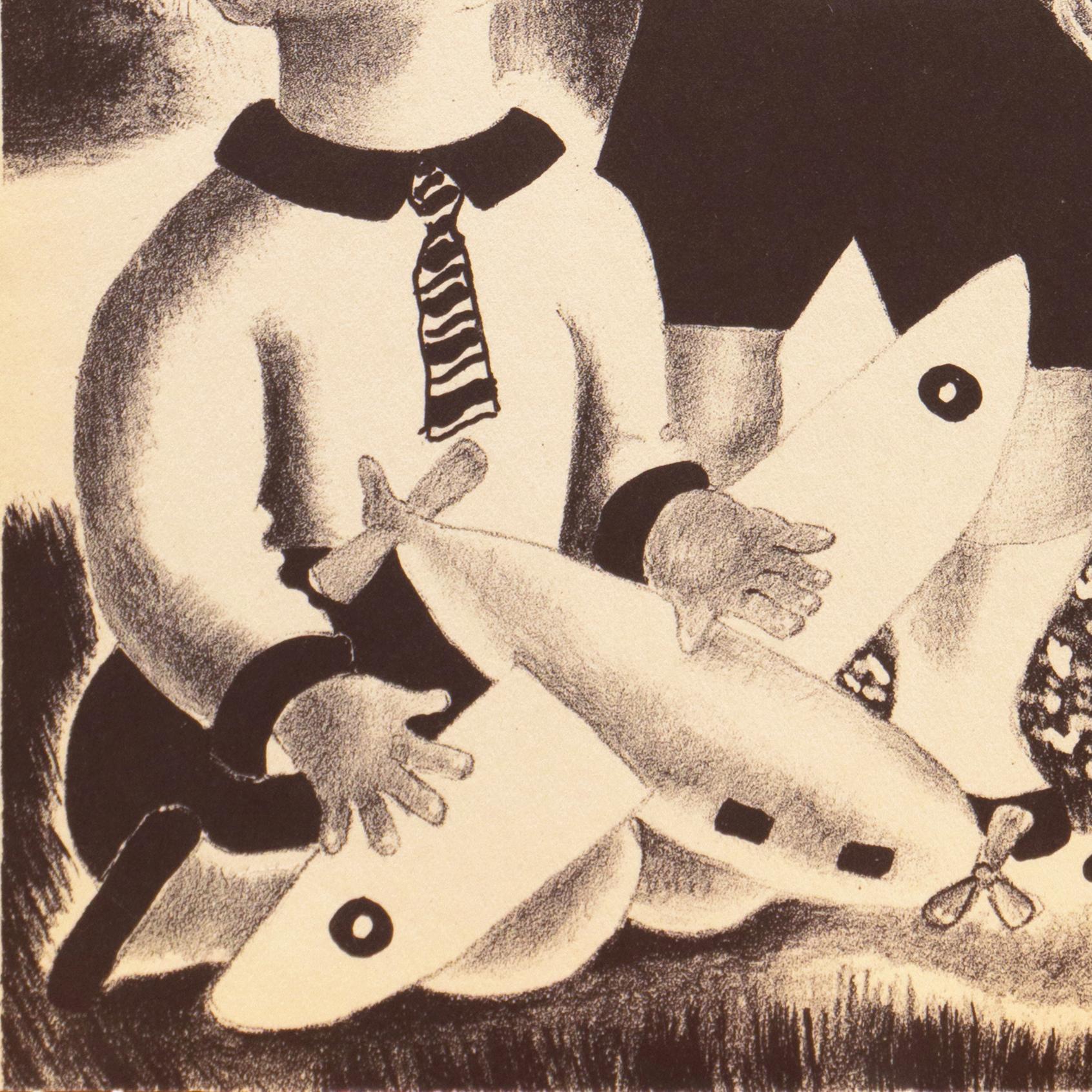 A stone lithograph titled 'David, Walter and Blake' by Nura Woodson Ulreich (American, 1899-1950), created in 1943 and with certification of authenticity stamped verso. A crisp and fresh image from 'Nura's Children Go Visiting' (1943) and