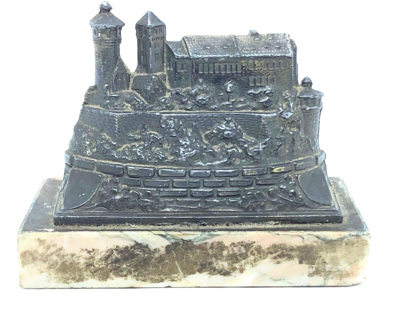 A Nuremberg Castle 1930s Souvenir building architectural model. Some wear with a nice patina, but this is old-age. Made of metal on a marble base. This was bought as a souvenir in Nuremberg, Germany. A beautiful nice desktop item or just a display