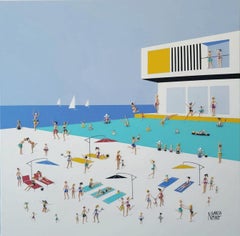 Nuria Garcia Miro "Veleros y Sol" 32x32 Pintura Playa Piscina Brillante Texturizada