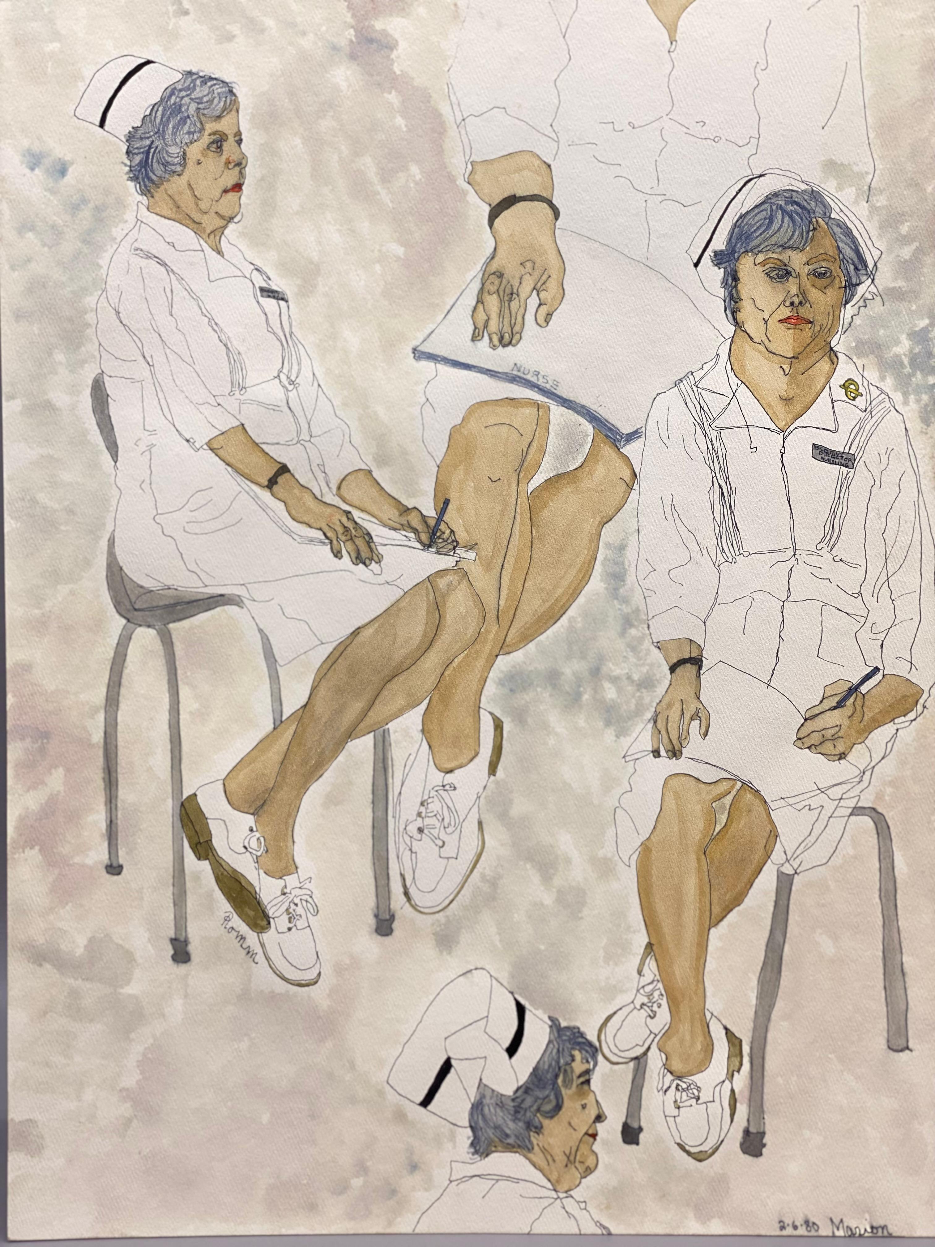 Aquarelle et marqueur à images et perspectives multiples de l'infirmière Marion par l'artiste new-yorkaise Floss Romm. Dworkin (décédé en 2007). Signé Romm et titré et daté en bas à droite, 2.6.80, Marion. Romm était son nom de jeune fille et l'a