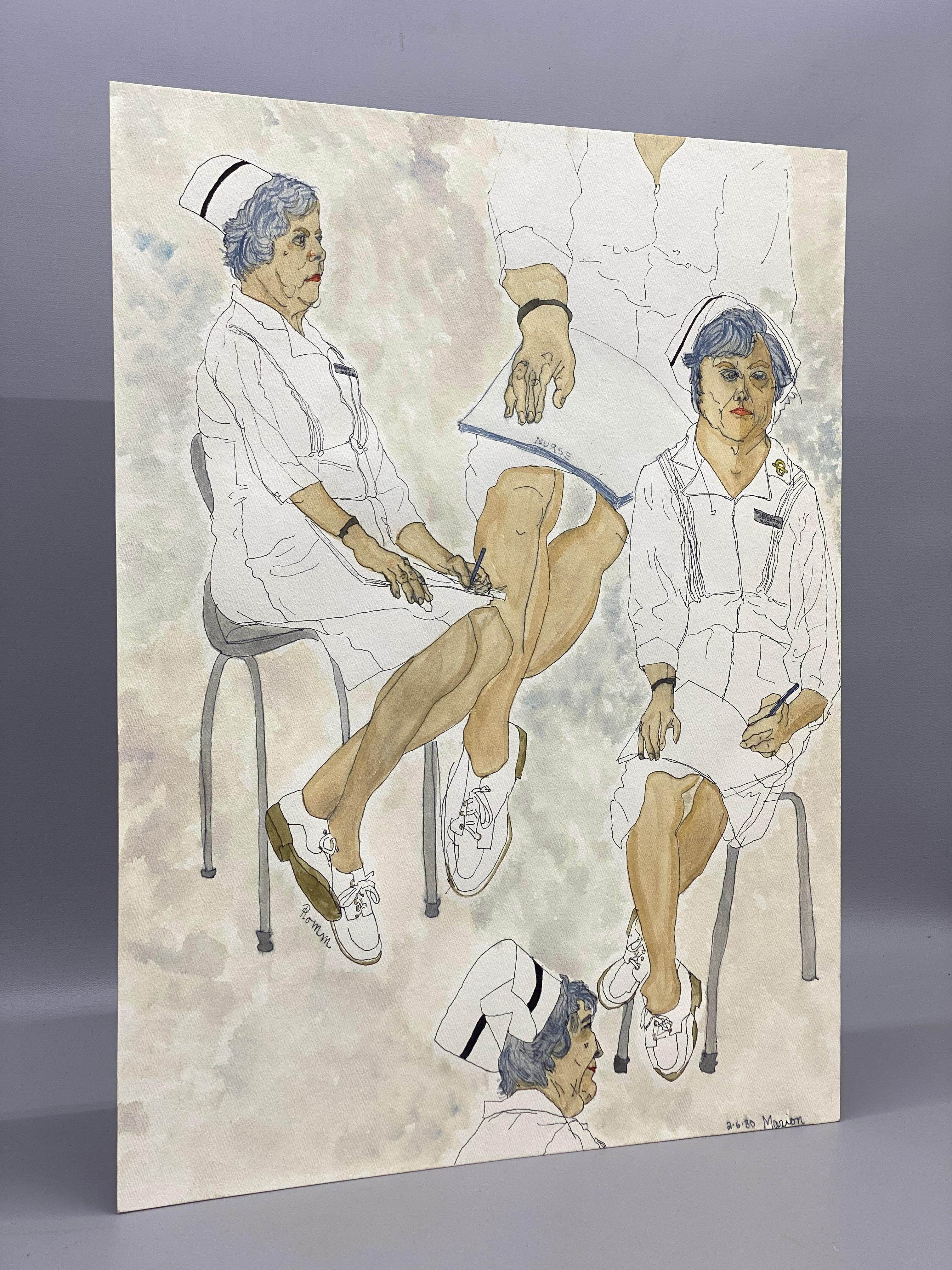 Postmoderne Infirmière Marion Aquarelle à perspectives multiples de Floss Romm Dworkin, 1980 en vente