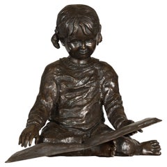 Nursery Rhymes, Lost Wax Cast Bronze Sculpture of a Little Girl Reading a Book