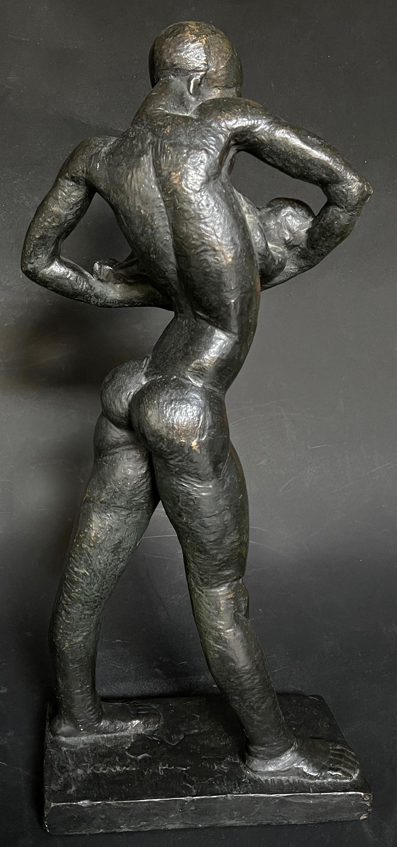 Clearly influenced by the geometric forms and exaggerations of French Cubism, this rare and striking bronze presents an African mother nursing her child, her body lean and angular, her posture protective and nurturing. It's ironic that French and