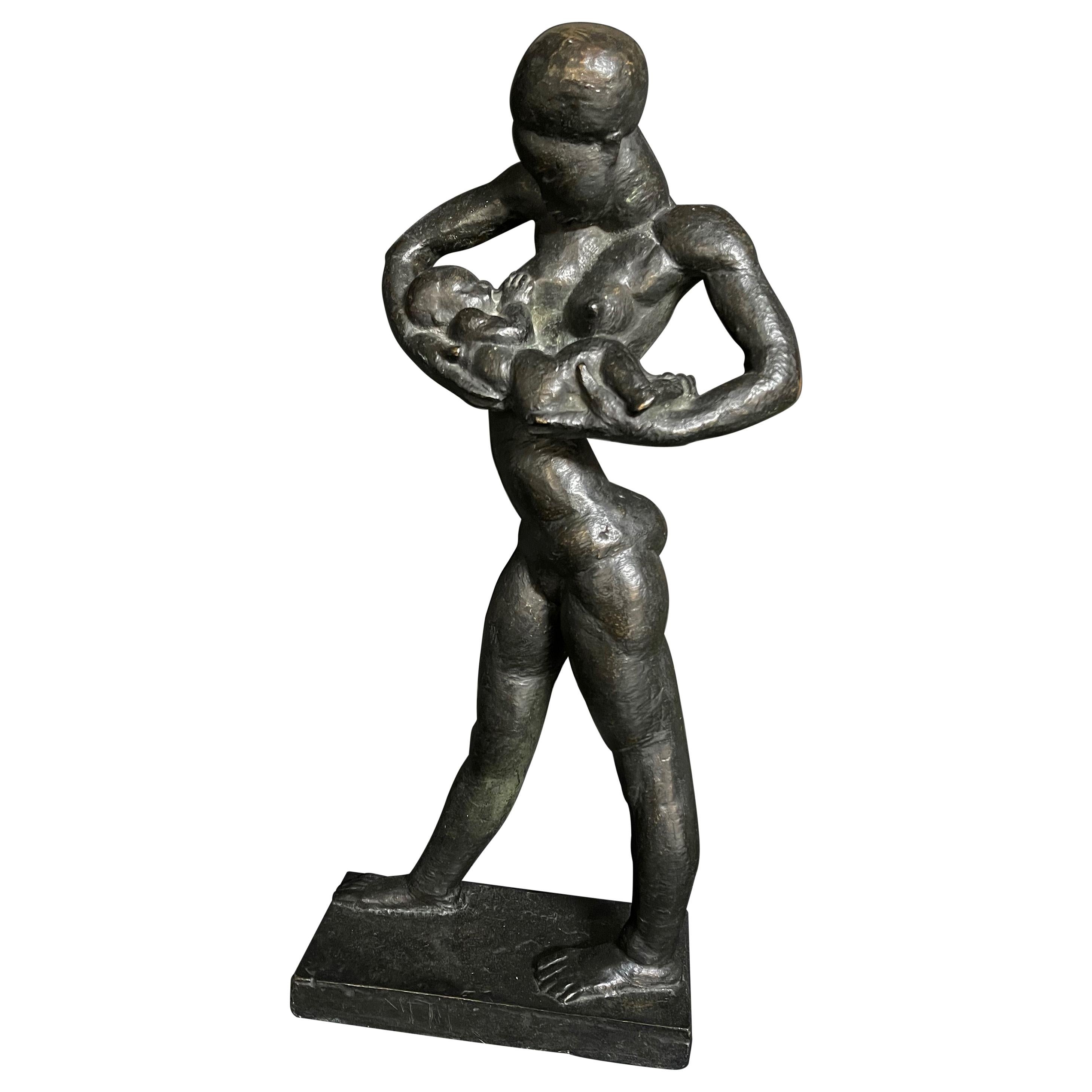 "Nursing Mother in Africa, " Rare Cubist-Art Deco Bronze Sculpture, Prob. Belgium For Sale
