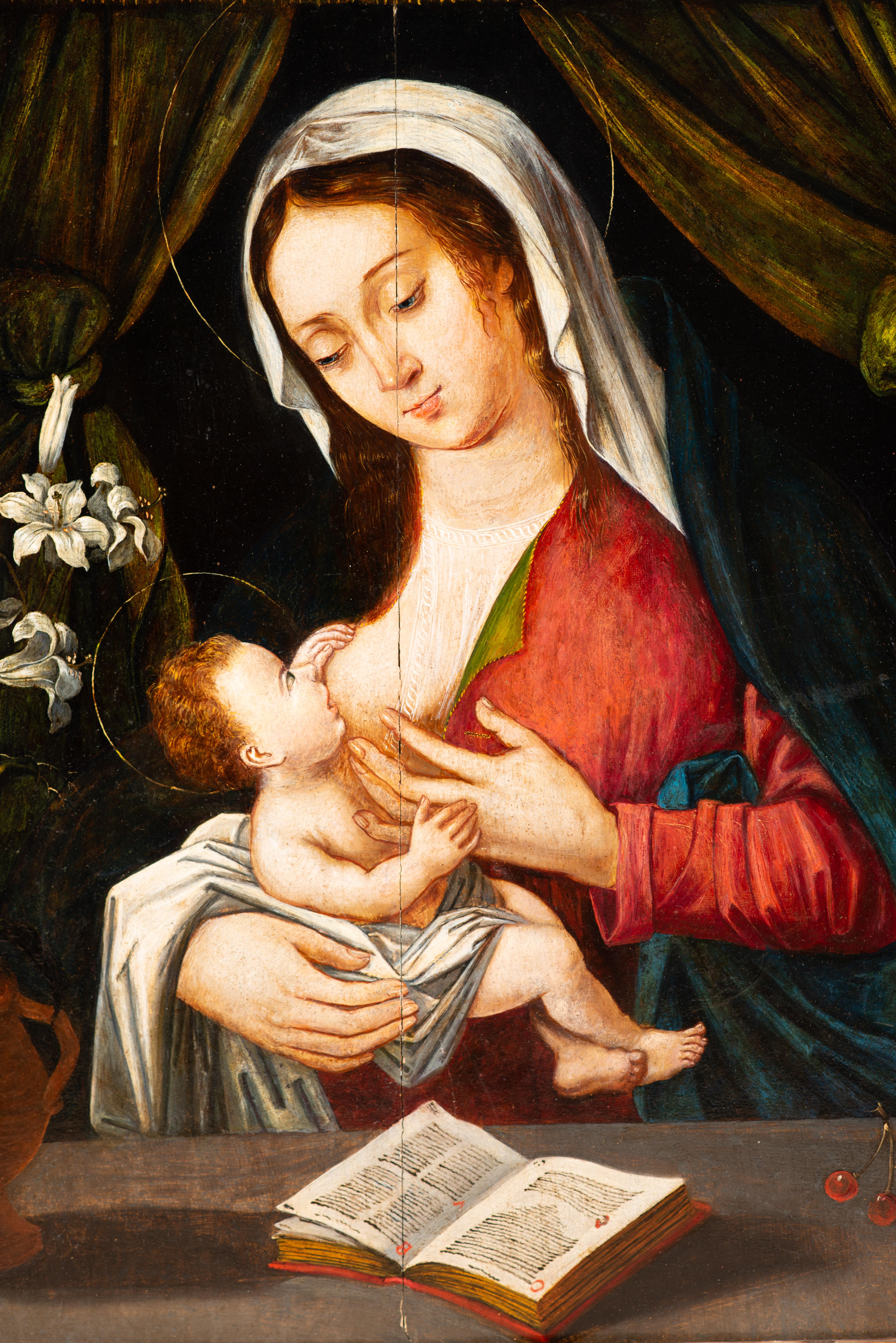  Vierge du lait. Huile sur panneau. École hispano-flamande, XVIe siècle.
 Il présente des défauts et des restaurations. 
 Panneau représentant la Vierge vêtue d'une tunique et d'un manteau, les cheveux partiellement couverts, de trois quarts, avec