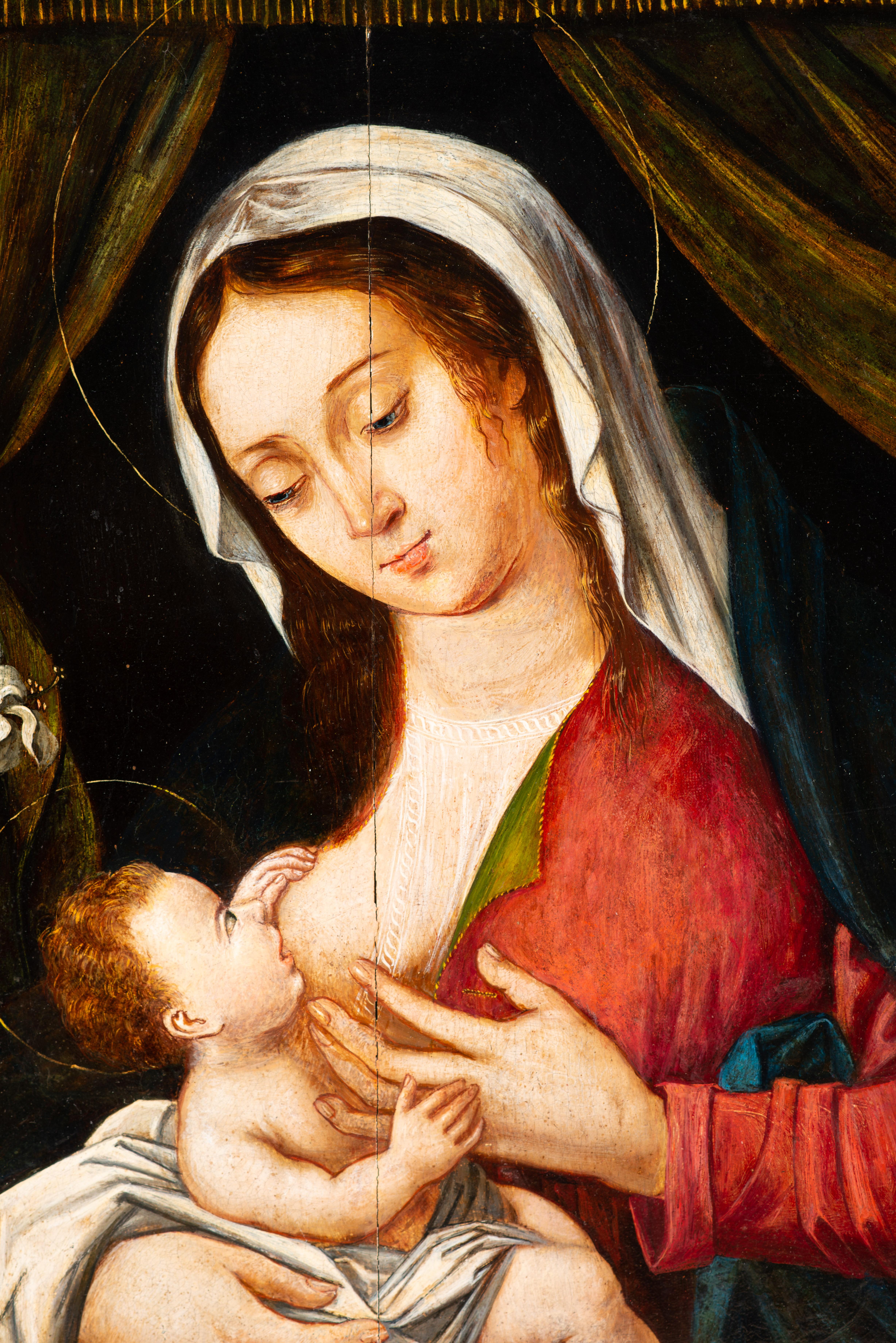 Renaissance Vierge Marie allaitante. Huile sur panneau. École hispano-flamande, XVIe siècle. en vente