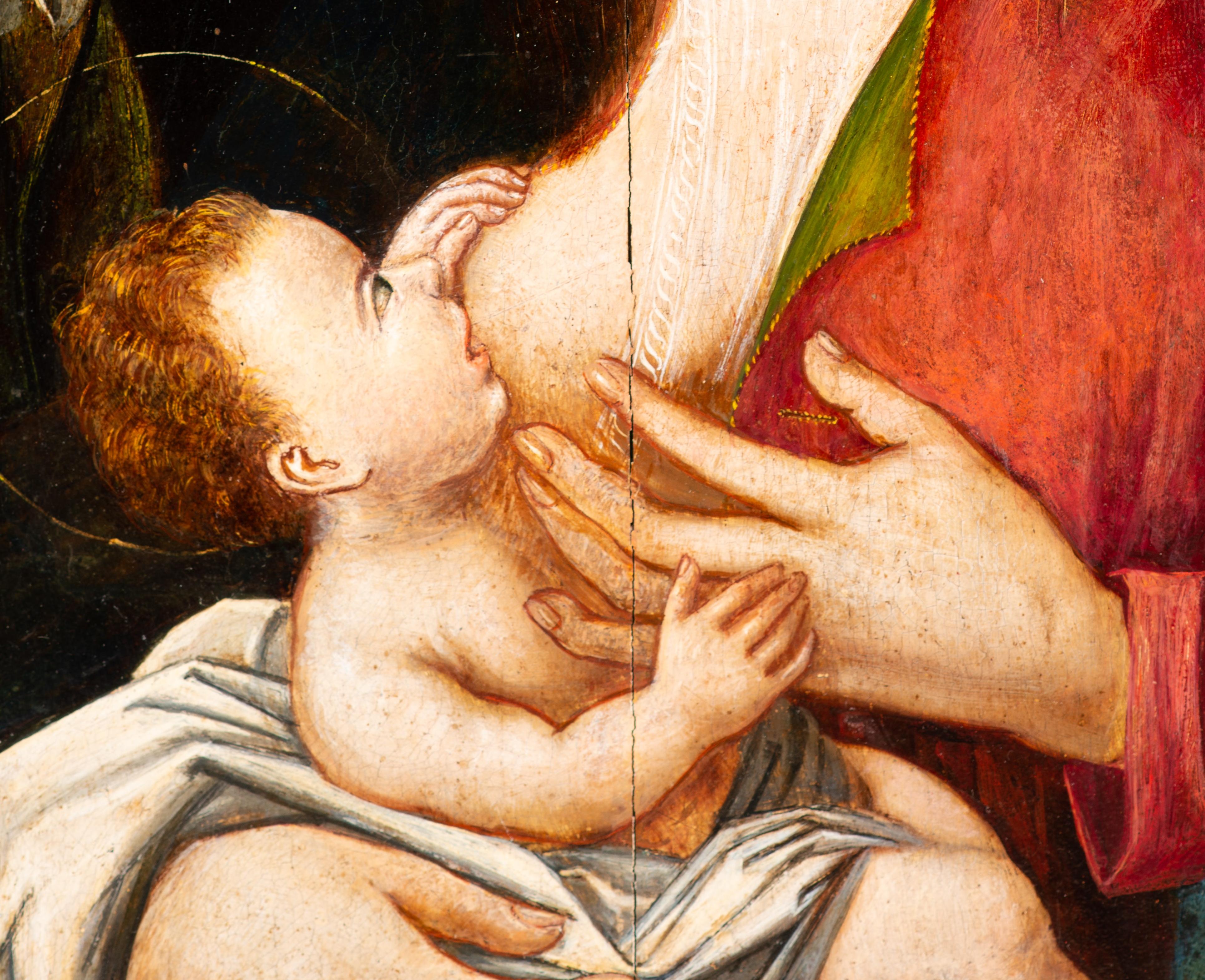 Espagnol Vierge Marie allaitante. Huile sur panneau. École hispano-flamande, XVIe siècle. en vente