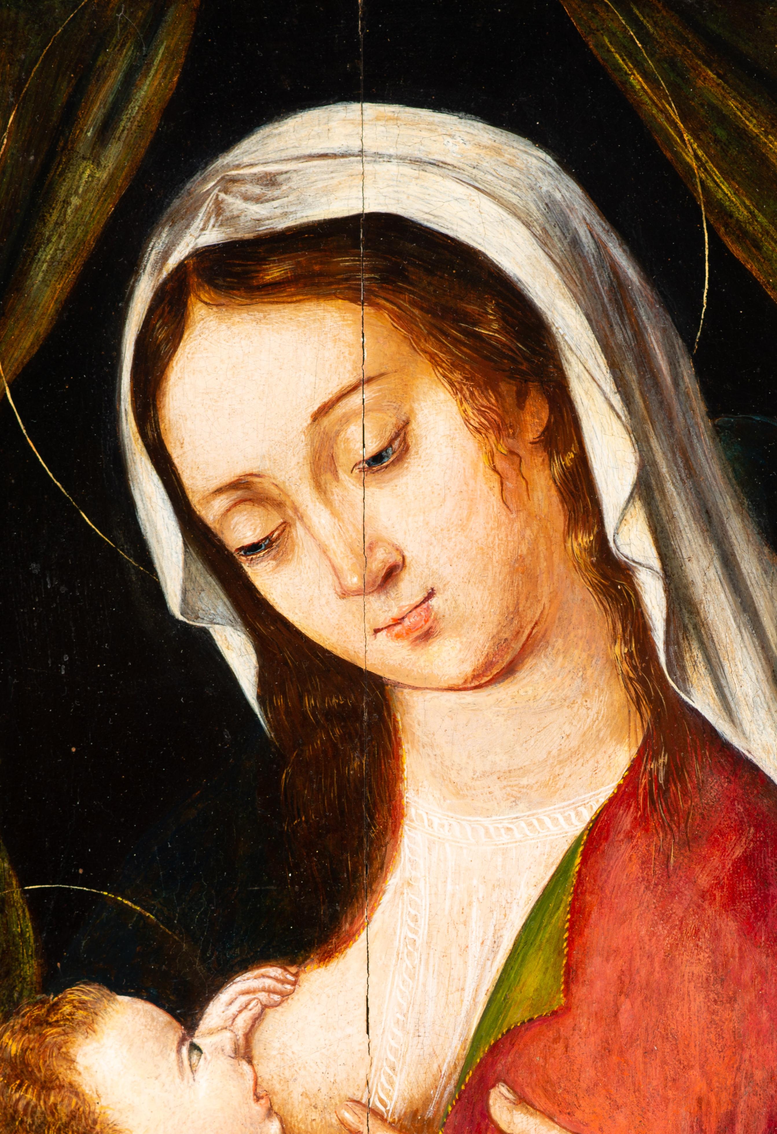 Vierge Marie allaitante. Huile sur panneau. École hispano-flamande, XVIe siècle. État moyen - En vente à Madrid, ES