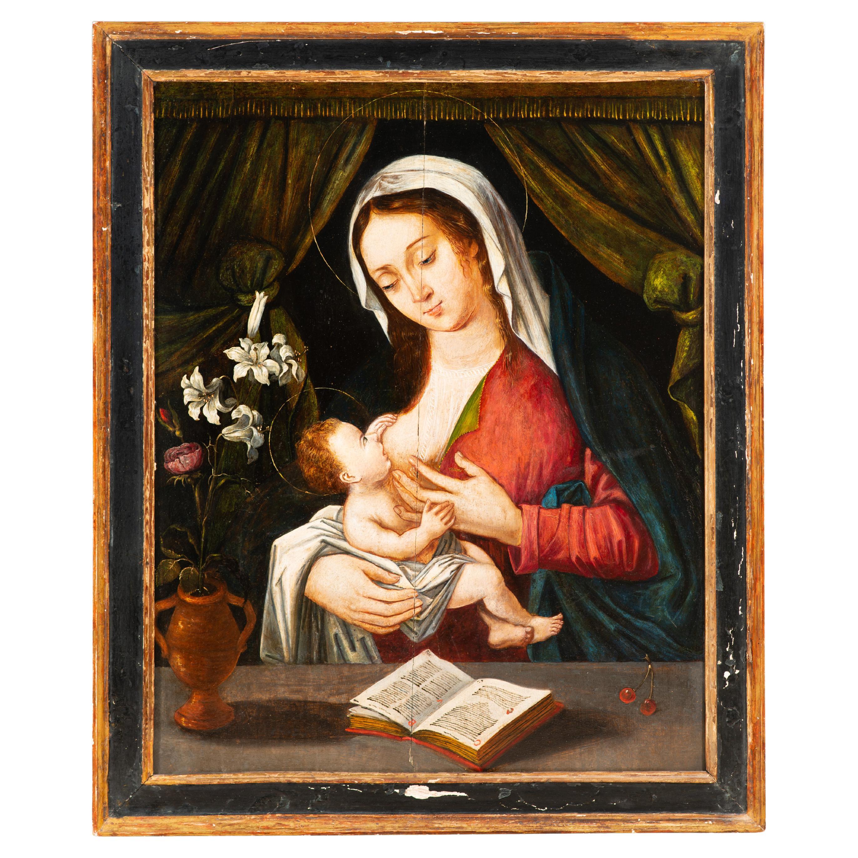Vierge Marie allaitante. Huile sur panneau. École hispano-flamande, XVIe siècle. en vente