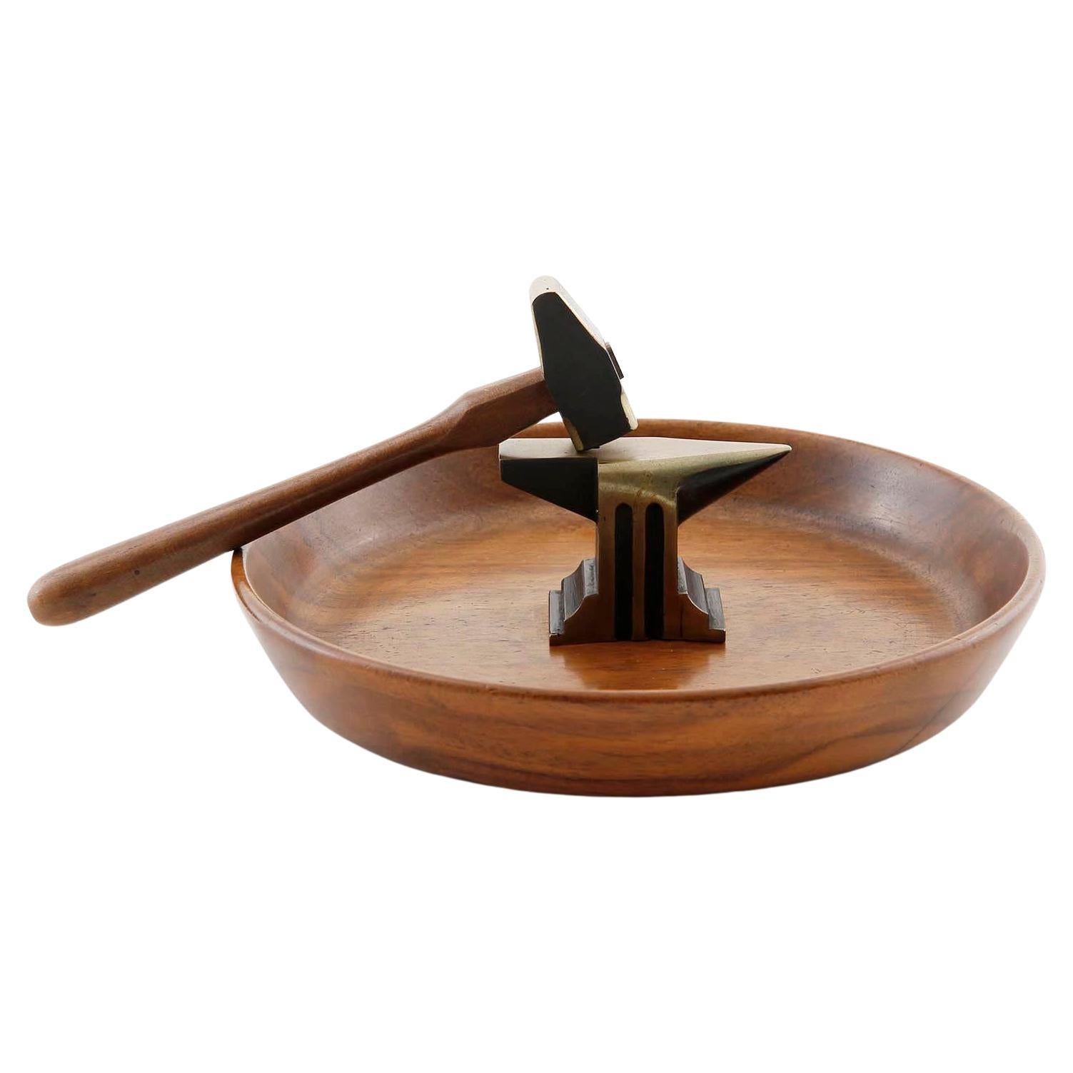 Nutcracker Walnut Wood Nutwood Bowl Blackened Brass Hammer Anvil Amboss, 1950s For Sale