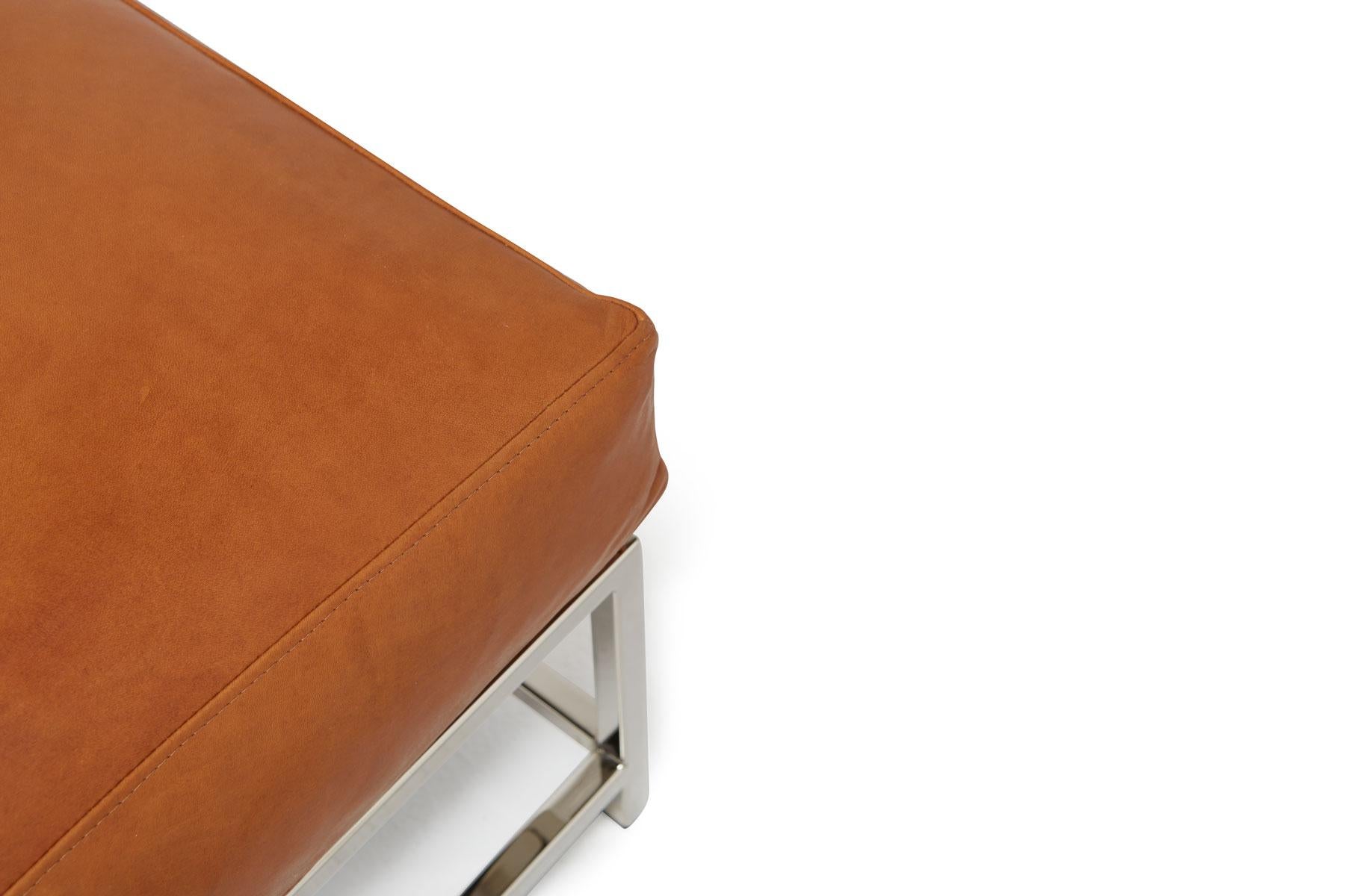 American Nutmeg Brown Leather & Polished Nickel Ottoman For Sale