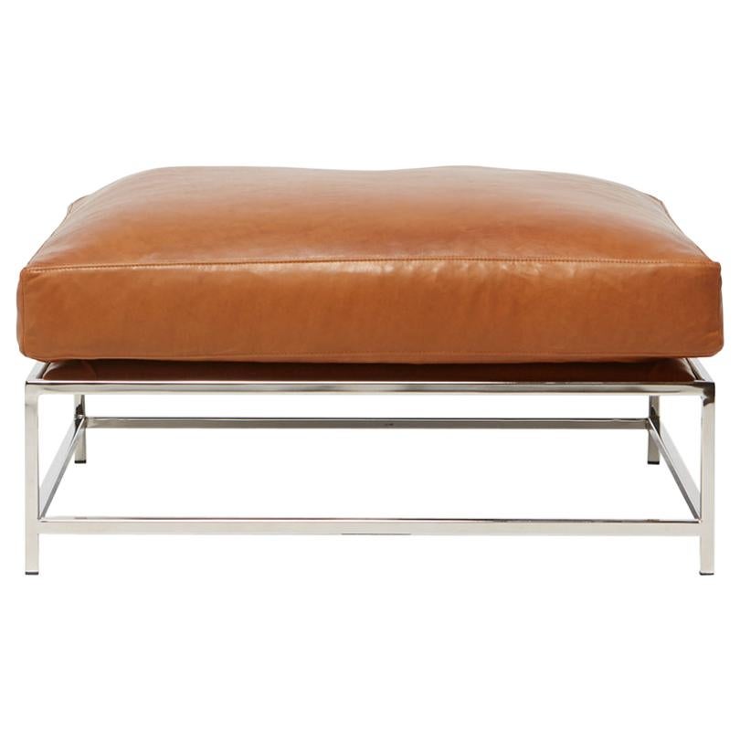 Nutmeg Brown Leather & Polished Nickel Ottoman For Sale