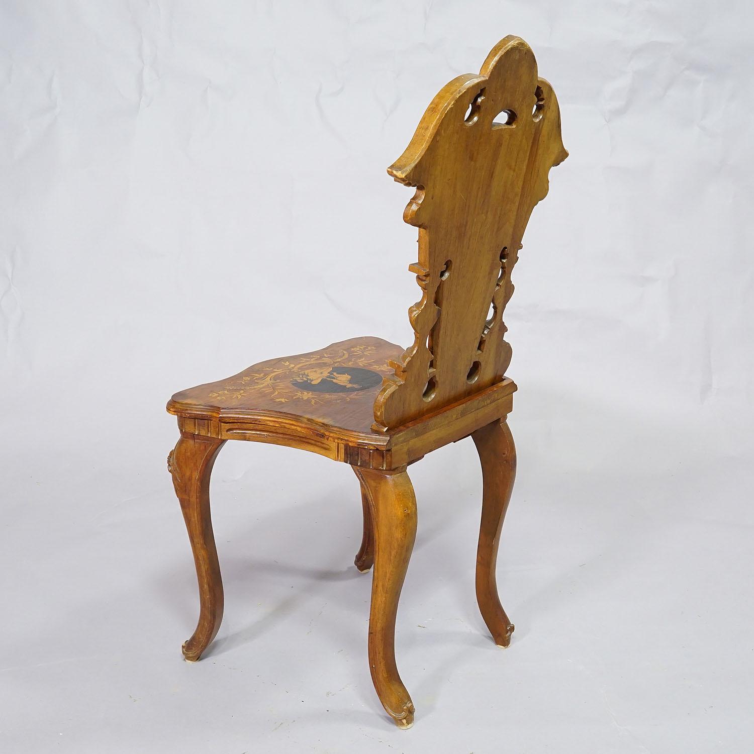 Black Forest Nutwood Edelweis Marquetry Chair Swiss Brienz 1900 For Sale
