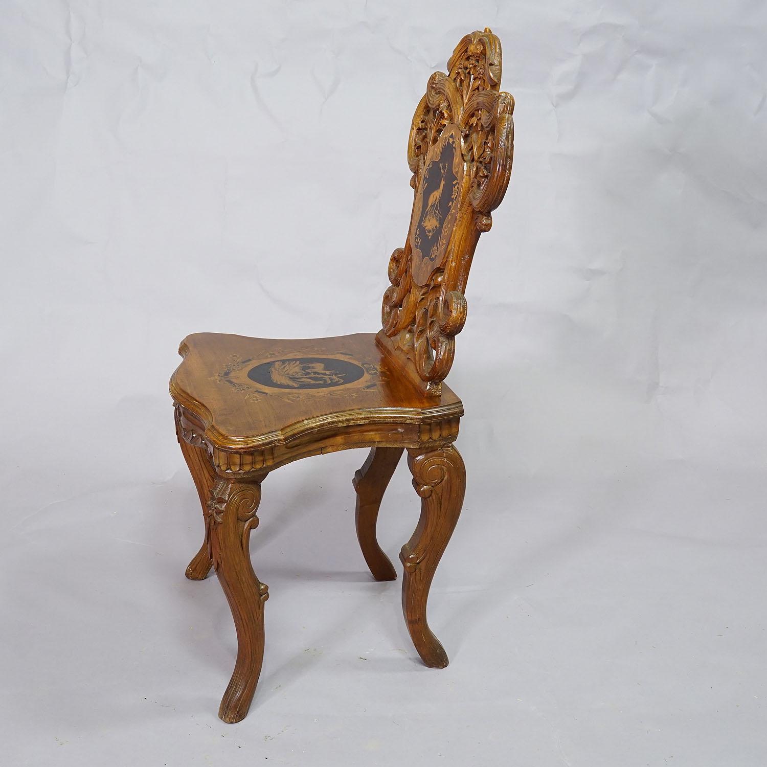 Black Forest Nutwood Edelweis Marquetry Chair Swiss Brienz 1900 For Sale