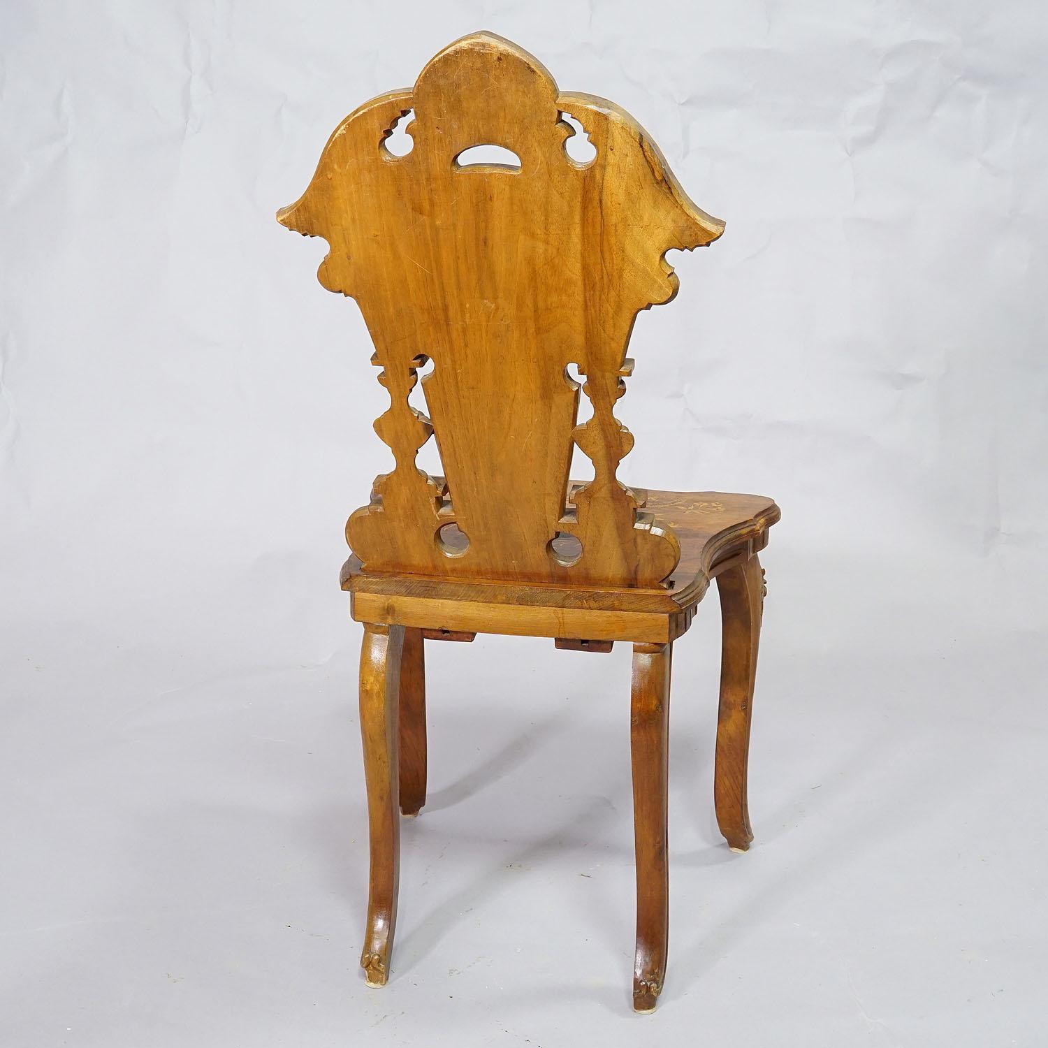 Carved Nutwood Edelweis Marquetry Chair Swiss Brienz 1900 For Sale