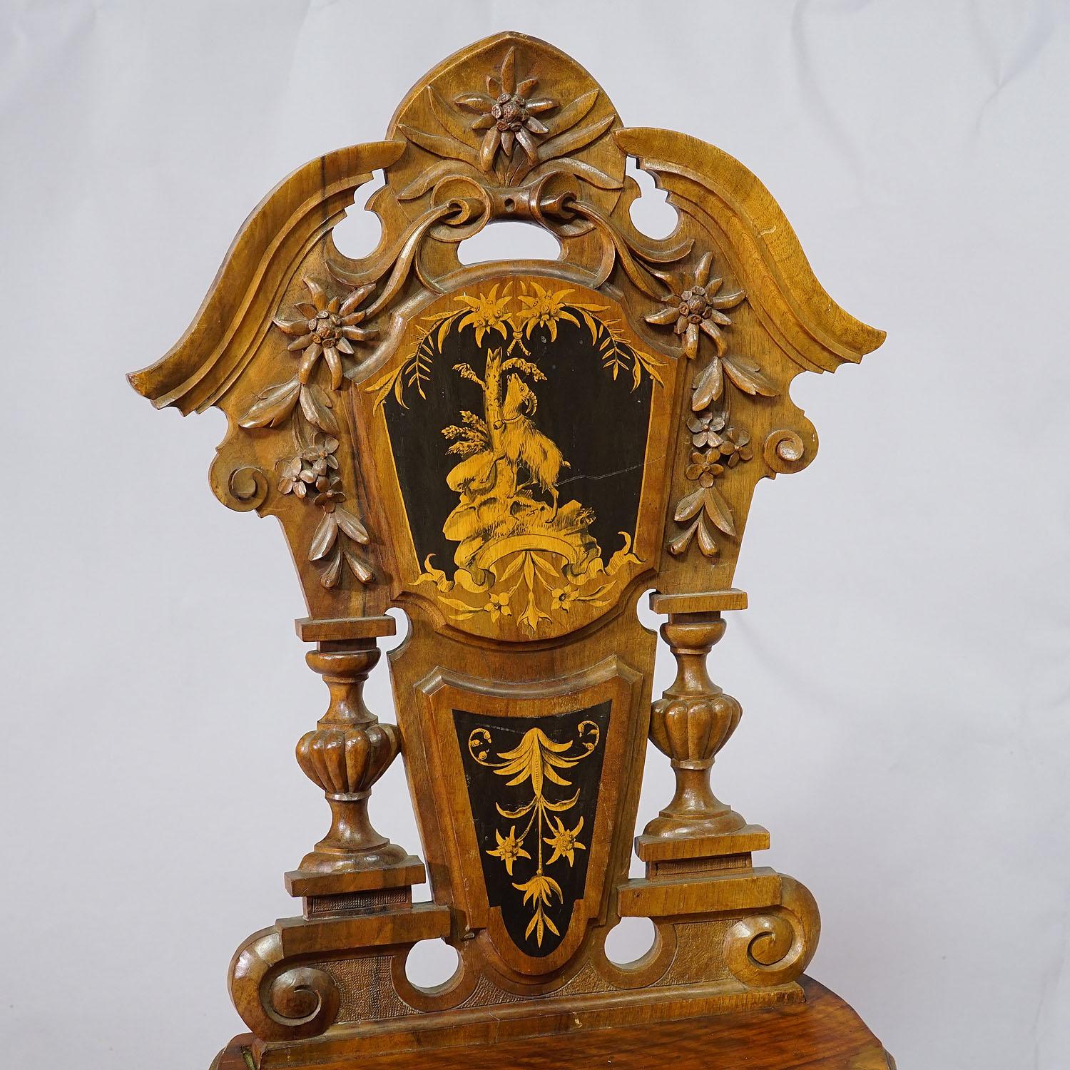 Nutwood Edelweis Marquetry Chair Swiss Brienz 1900 In Good Condition For Sale In Berghuelen, DE