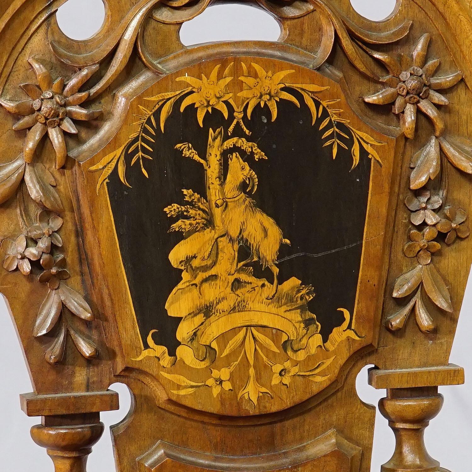 Nutwood Edelweis Marquetry Chair Swiss Brienz 1900 For Sale 3