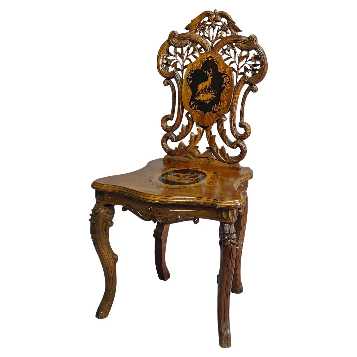 Nutwood Edelweis Marquetry Chair Swiss Brienz 1900 For Sale