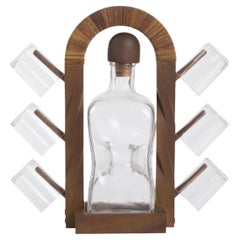 Nutwood Glass Rack with Bottle and Six Glasses in the Style of Carl Aubock, 1960