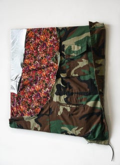 Flower Bomb- Fabric, Found Objects, Textile, Thread, Wood, Camo, Contemporary
