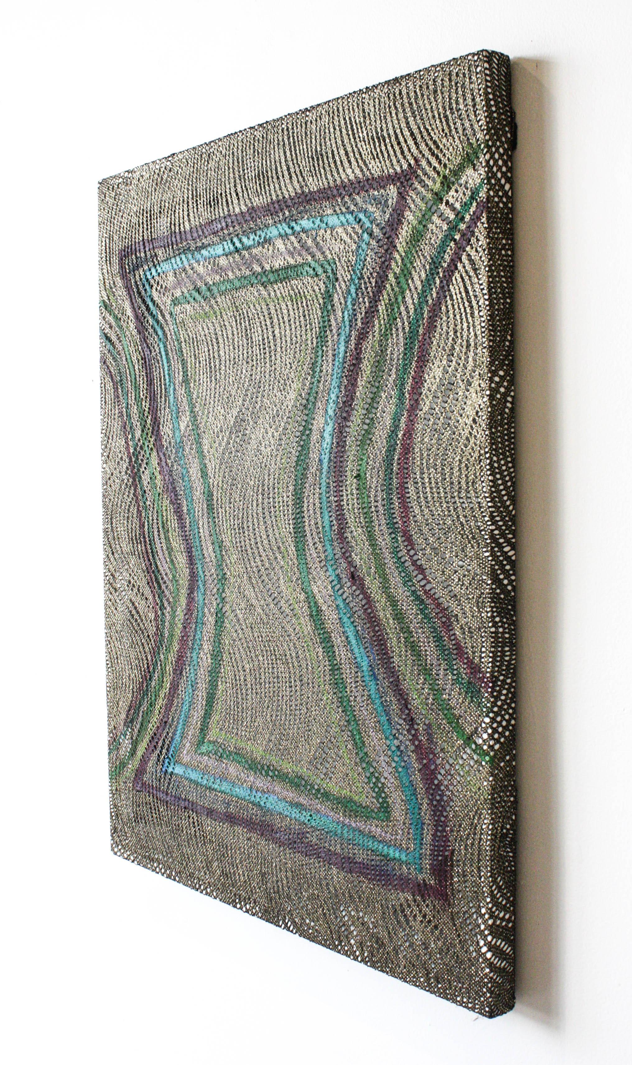 Between the lines- Painting, Abstract, Fabric, Oil Paint, Blue, Green, Violet - Gray Abstract Painting by Nuveen Barwari