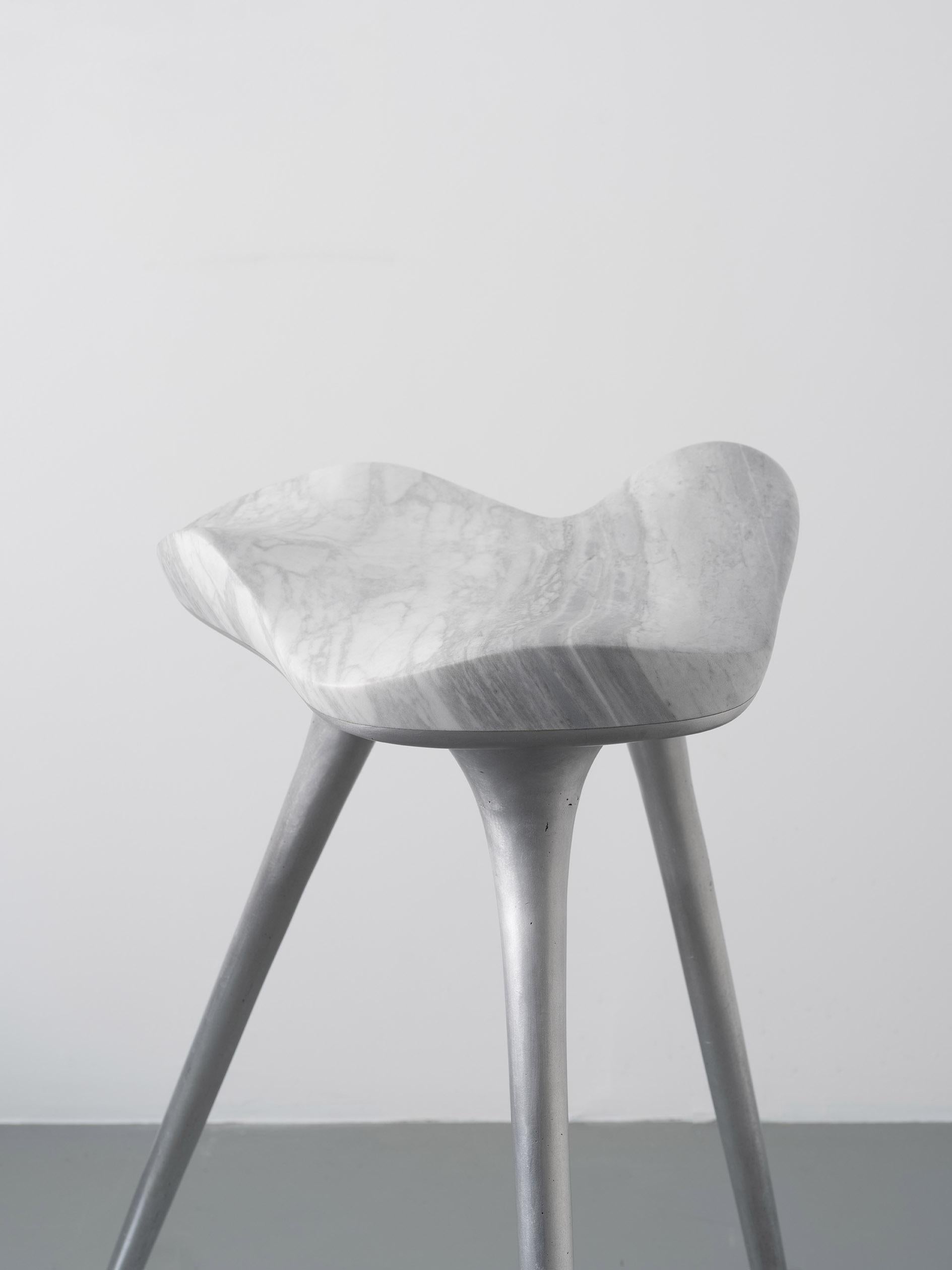 American Nuvola Bar Stool in Hand-Sculpted Marble and Cast Aluminum by Stephen Shaheen For Sale