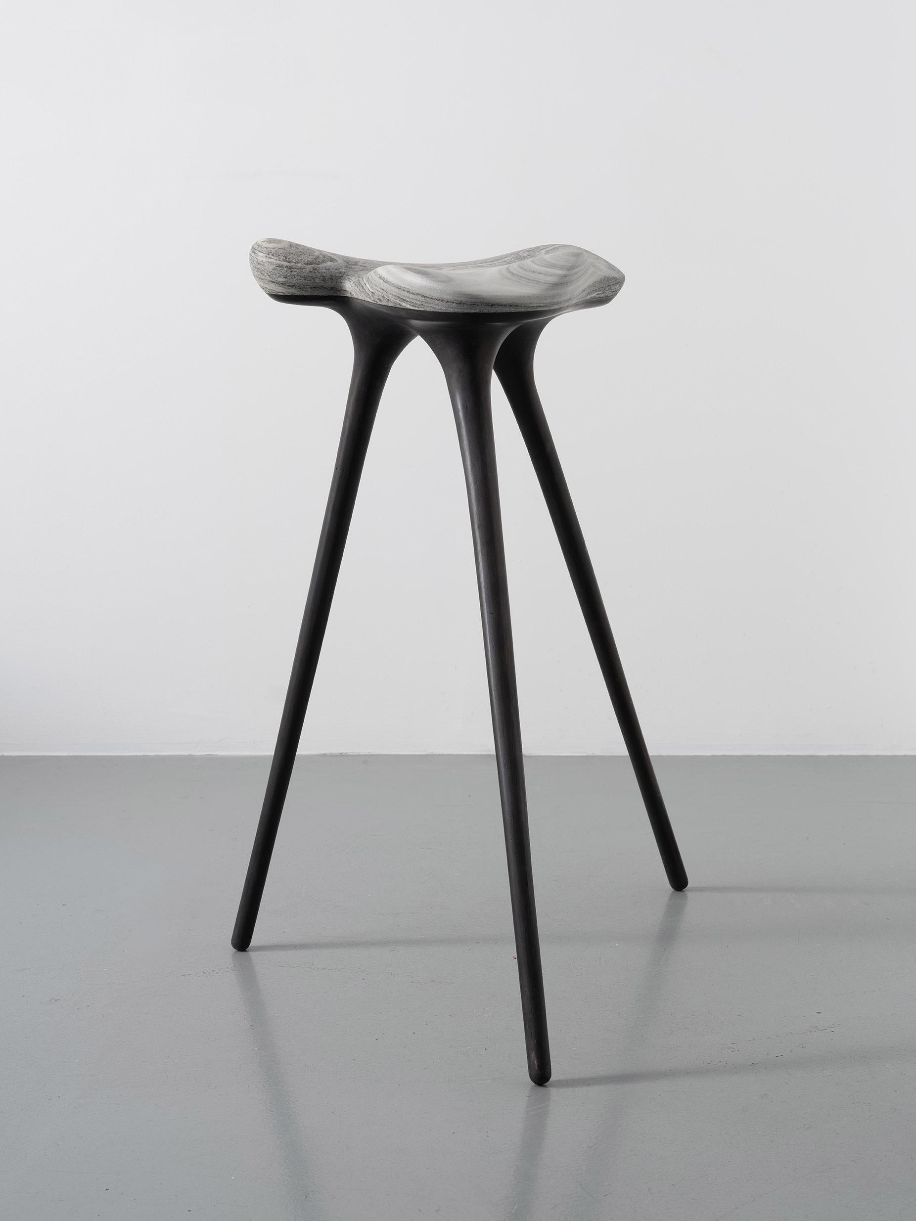 Stephen Shaheen
Nuvola Bar Stool, 2020
Hand-sculpted Vermont marble, cast blackened bronze
33 x 30 x 24 in 
seat 15.5 in diameter.