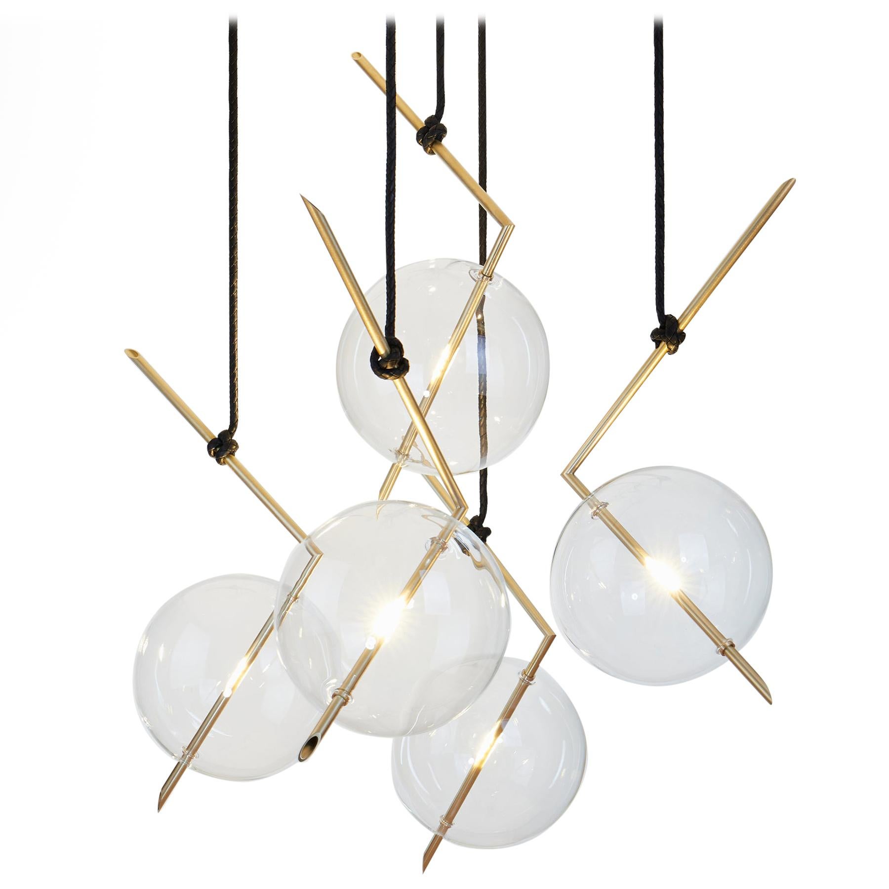 Nuvola BOLD Five-Light Contemporary Chandelier Clear Blown Glass, Brushed Brass