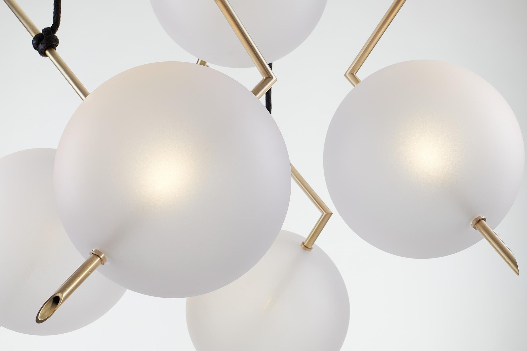 Italian Nuvola Stardust-White BOLD - Five Lights Chandelier Brass, Leather, Blown Glass For Sale