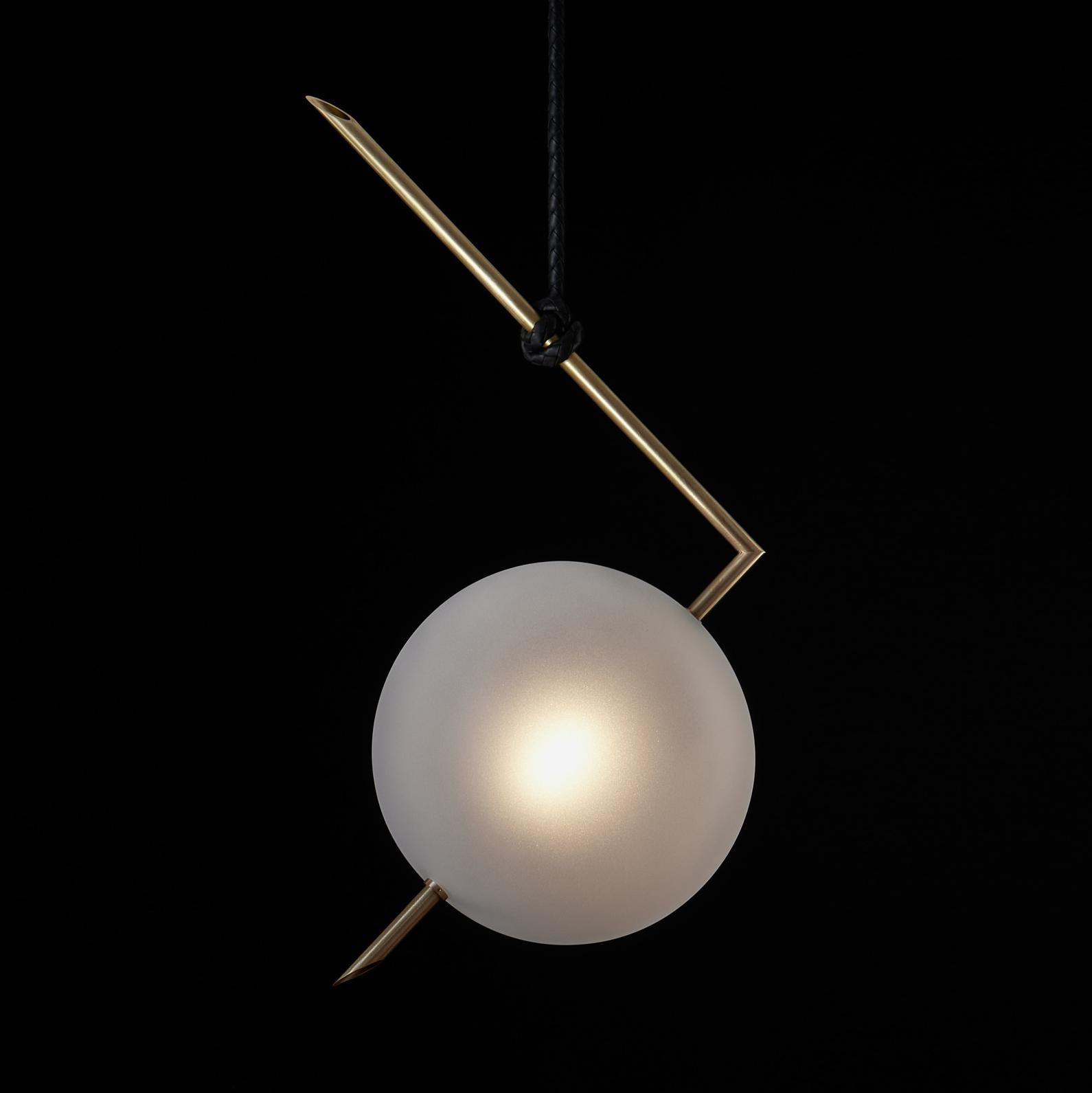 Nuvola BOLD One Light Pendant, Stardust White Blown Glass, Leather, Brass In New Condition For Sale In Reggio Emilia, IT