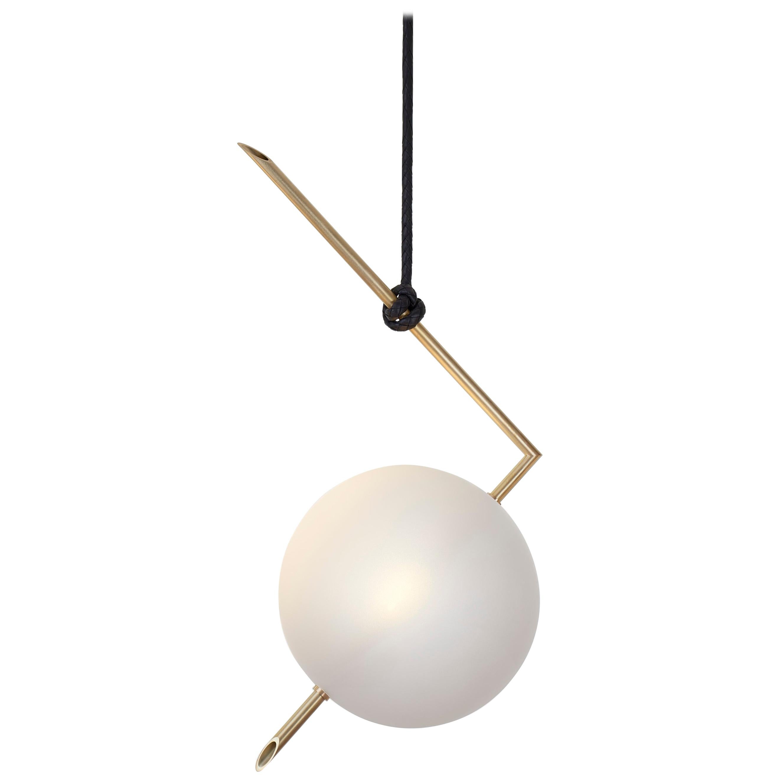 Nuvola BOLD One Light Pendant, Stardust White Blown Glass, Leather, Brass For Sale