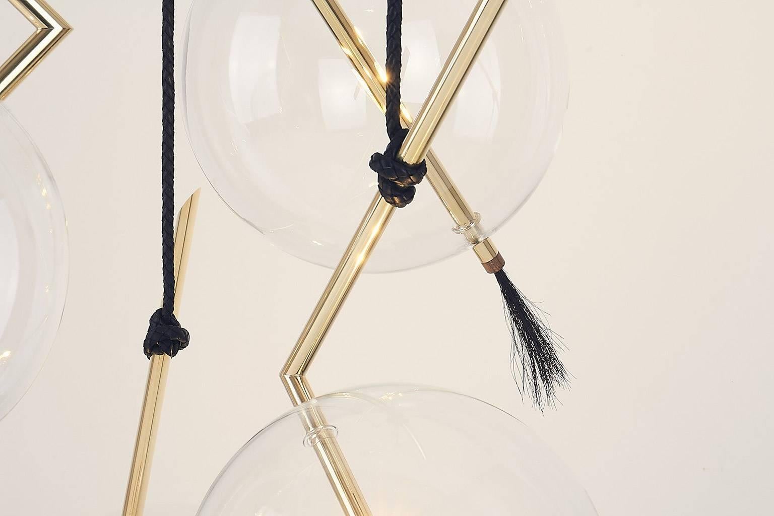XXIe siècle et contemporain Nuvola Lustre-Pendentif contemporain à cinq lumières en laiton poli, personnalisable en vente