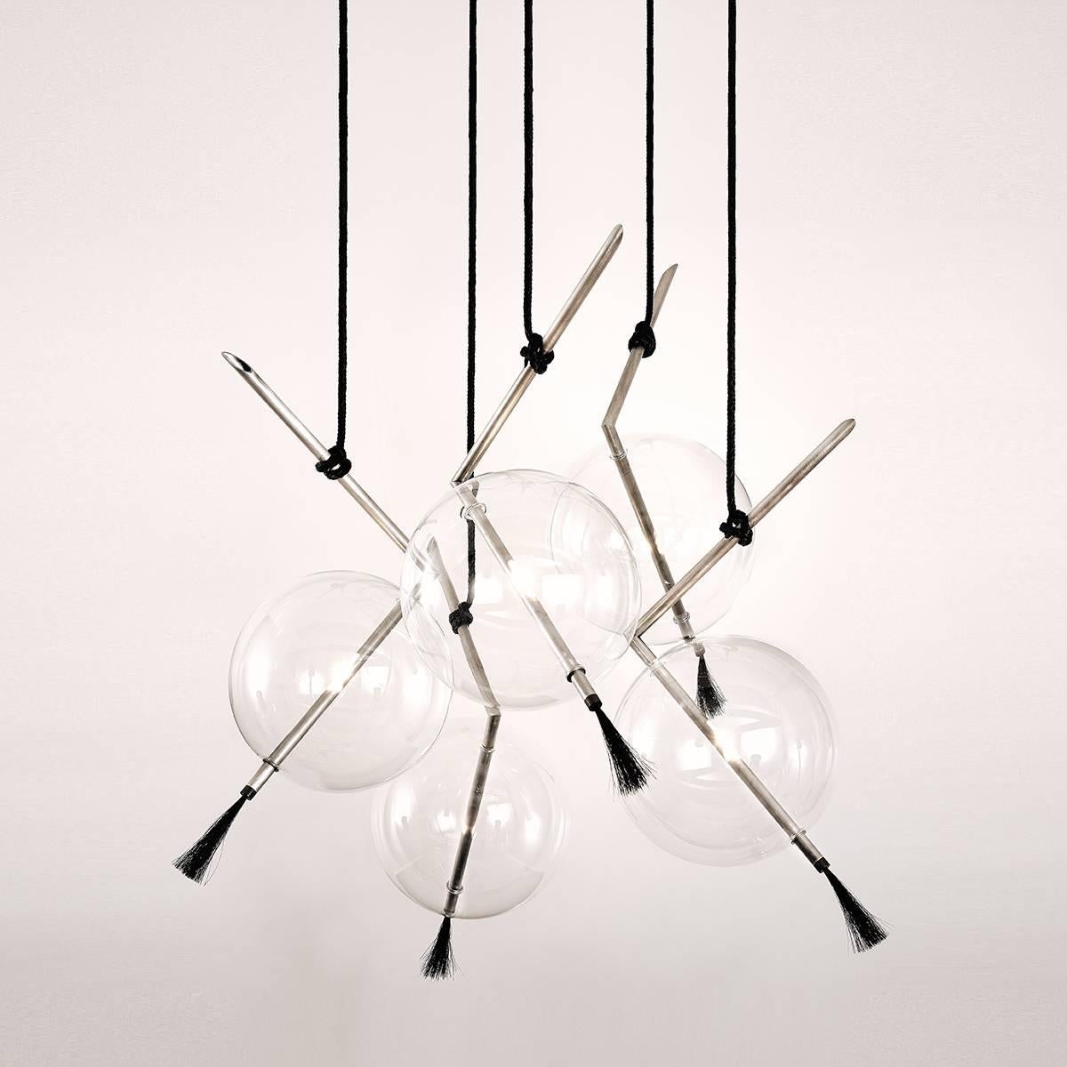 Modern Nuvola 5 Tarnished Silvered Brass, Glass and Cowhide Suspension Chandelier