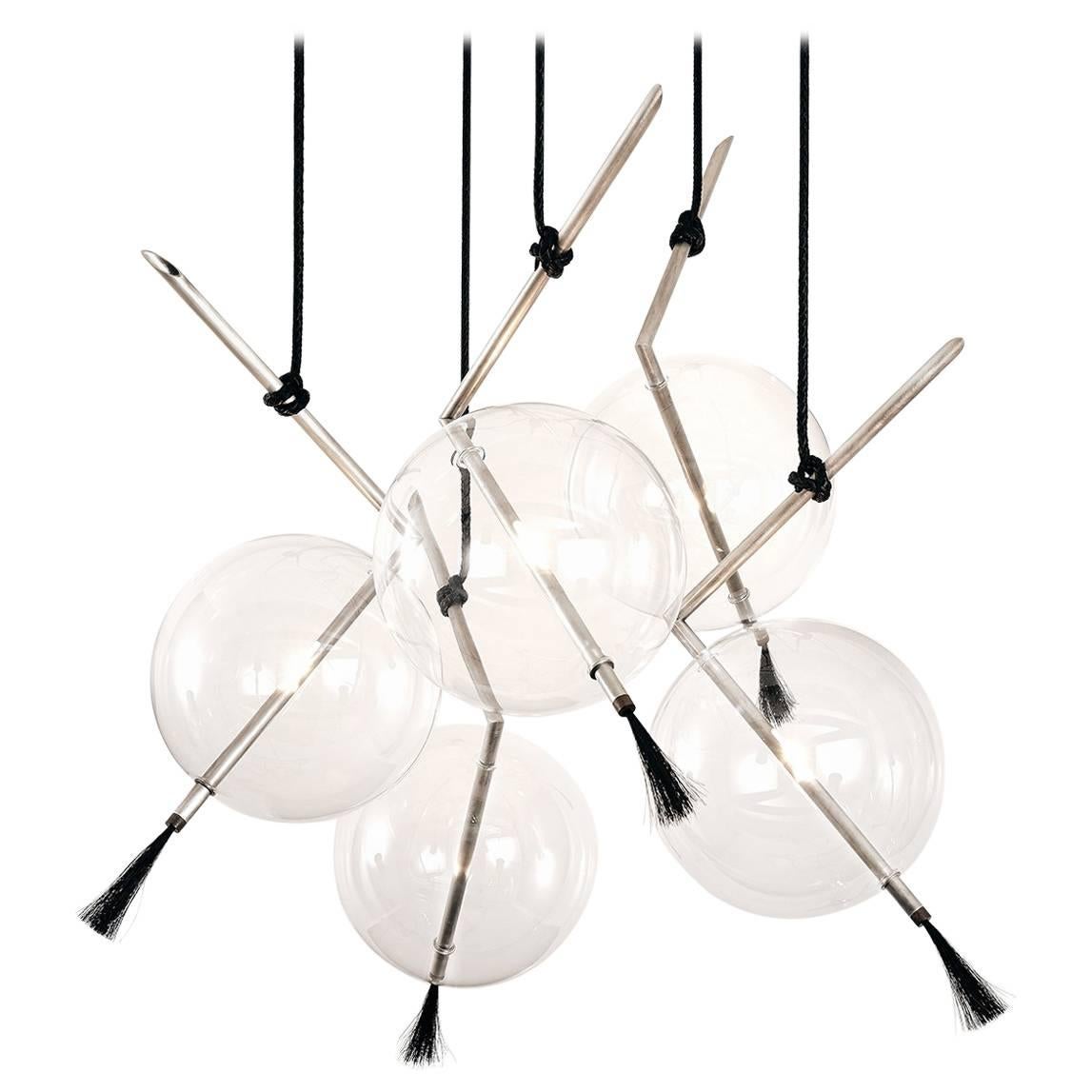 Nuvola 5 Tarnished Silvered Brass, Glass and Cowhide Suspension Chandelier