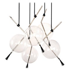 Nuvola 5 Tarnished Silvered Brass, Glass and Cowhide Suspension Chandelier